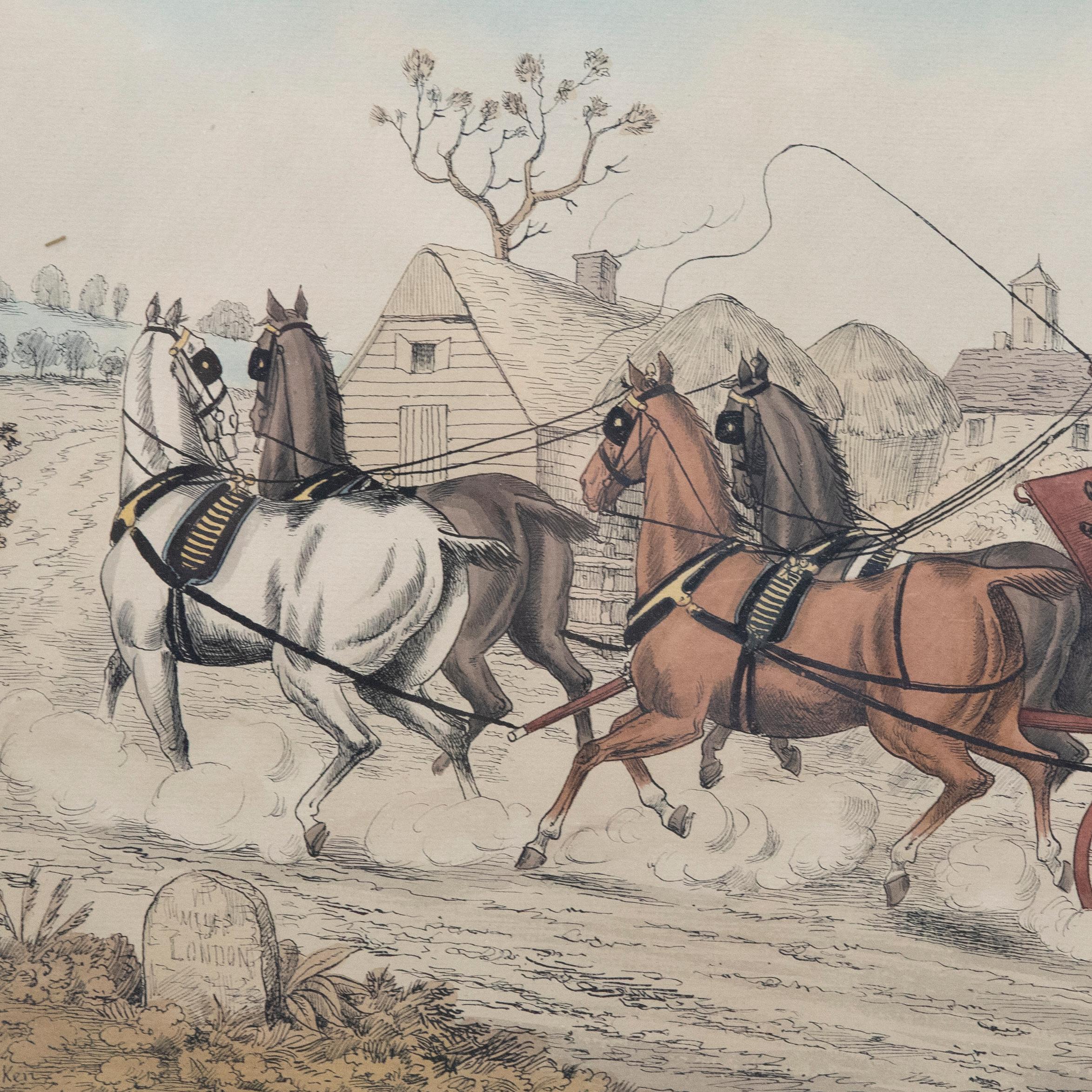 A crisp early 20th century lithograph with hand colouring, after English painter and engraver Henry Thomas Alken (1785-1851). The scene shows a period coaching party taking an awkward corner on a country road. Beautifully presented in a 19th century