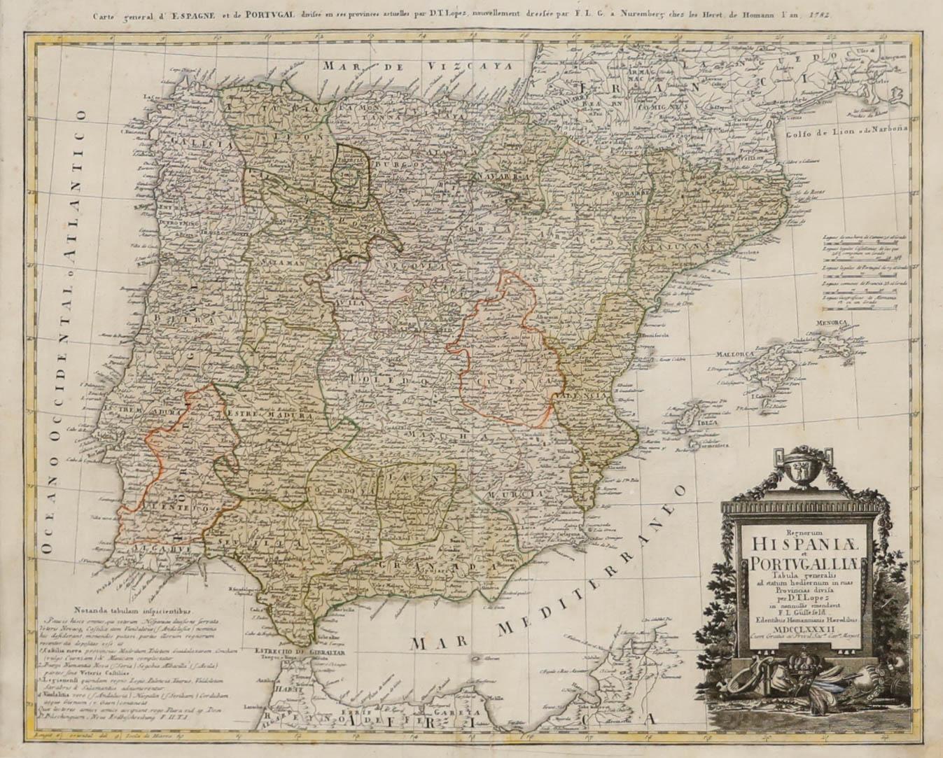 D'après Johann B. Homann (1664-1724), 19e siècle, carte générale d'Espagne et du Portugal - Print de Unknown