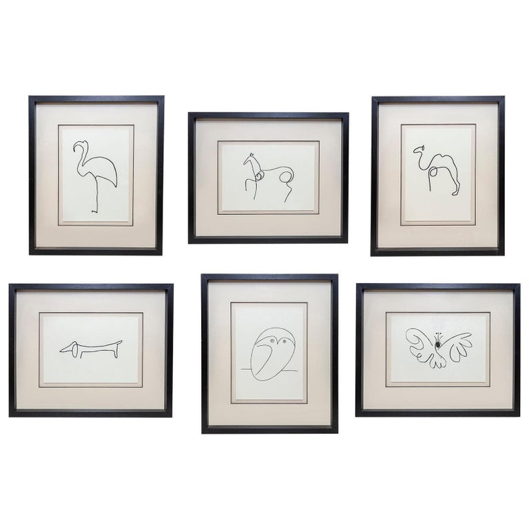 This set of 6 Picasso line drawings is part of Picasso's range of "line art". Picasso's single line drawings were created later in his career, after the surrealism period. The single line pieces are from a collection of over fifty works in which his