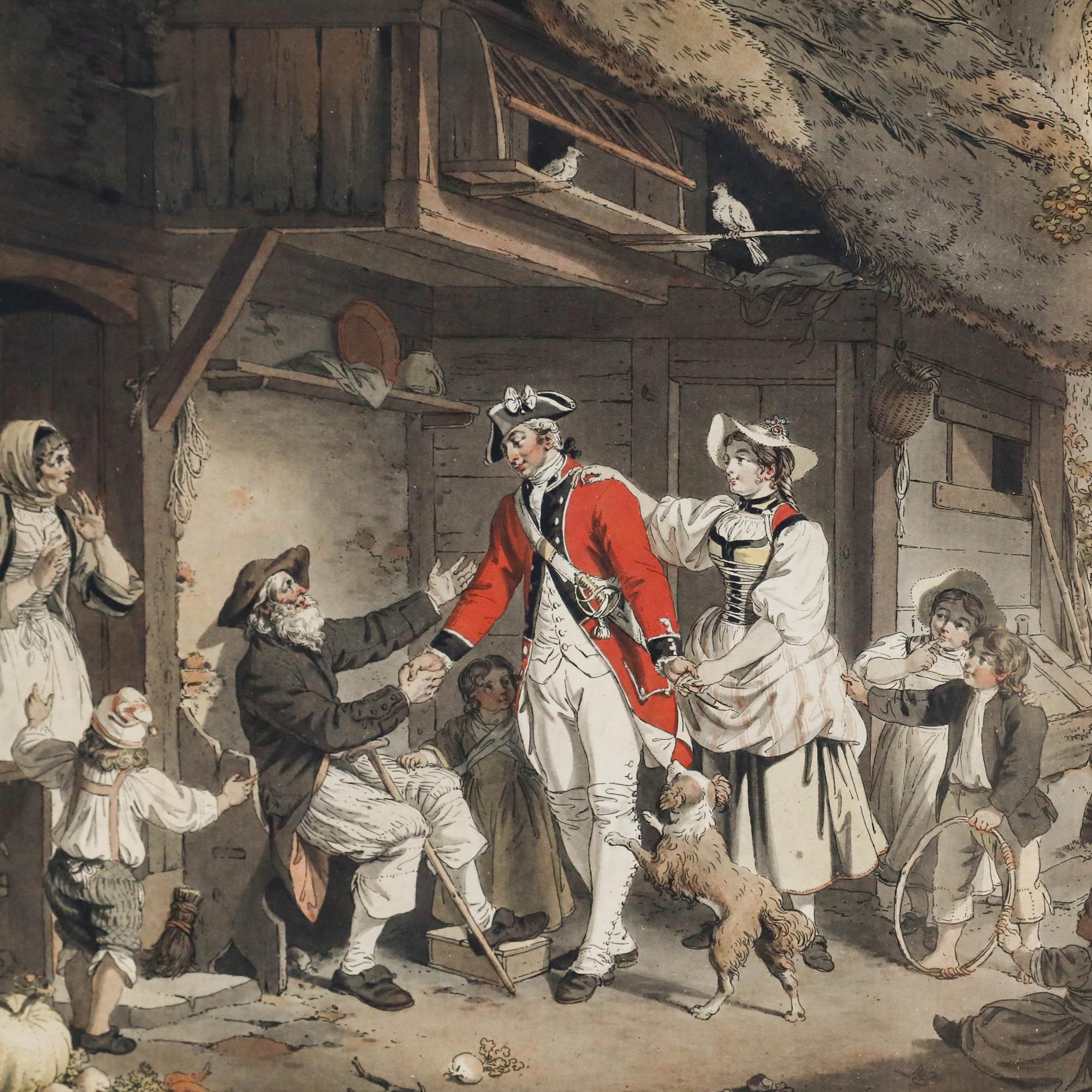 Un soldat, resplendissant dans sa livrée, retourne auprès de sa famille. La pièce a été acquise en tant que partie d'une paire ; la pièce complémentaire représente le départ du soldat (st688). Bien présenté dans un cadre à effet doré. Sur la table.