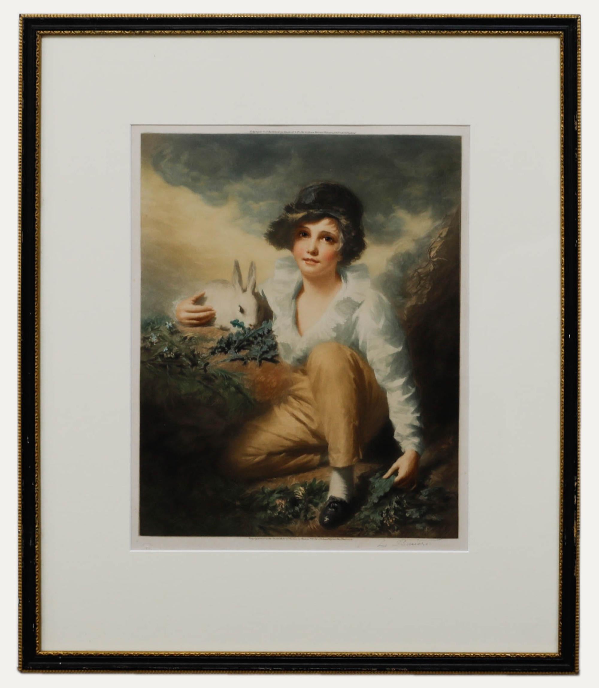 Portrait Print Unknown - D'après Sir Henry Raeburn RA - Encadré 1937 Mezzotintinte, Boy & Rabbit