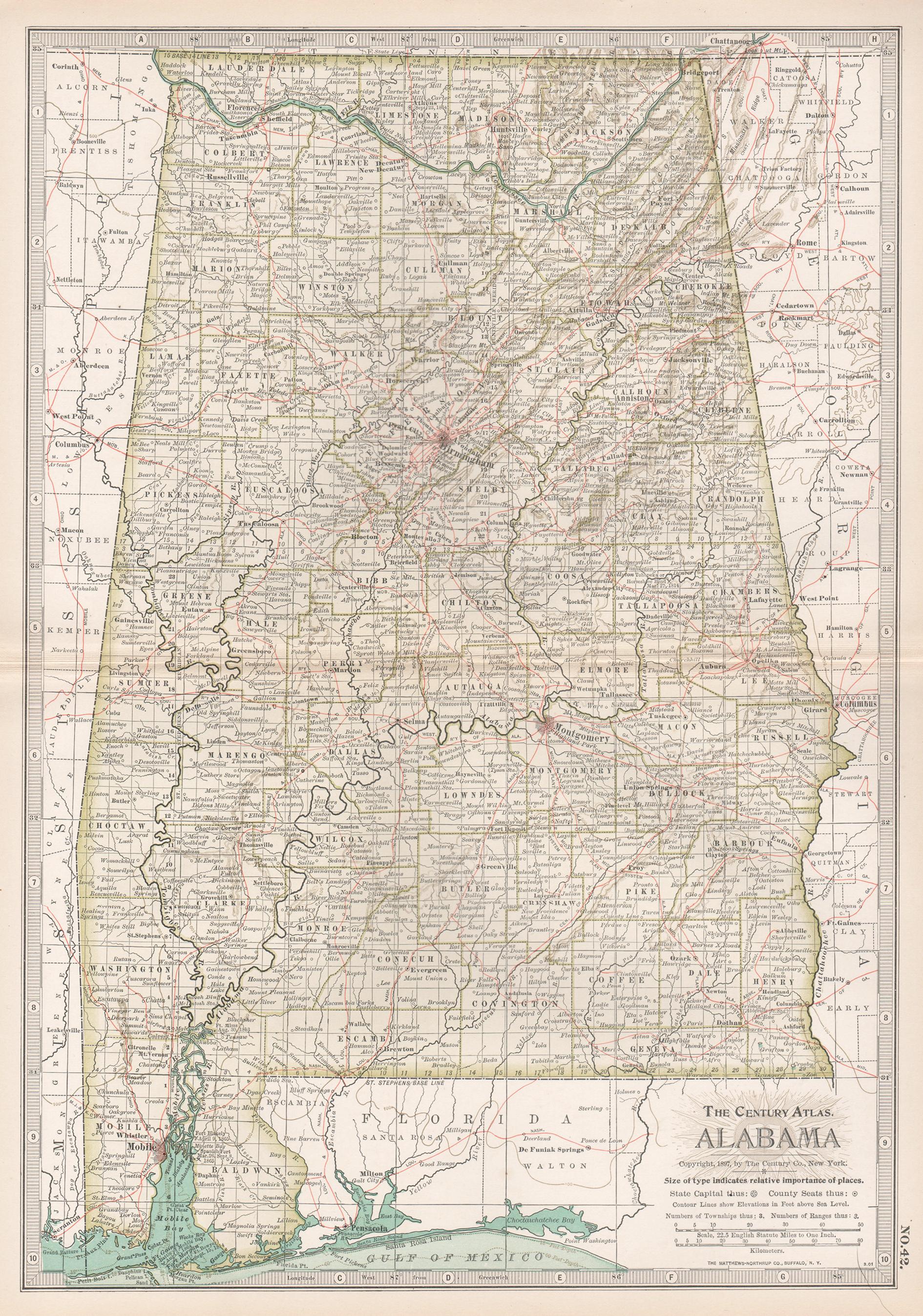 Alabama. Carte ancienne de l'État Atlas des États-Unis du XXe siècle