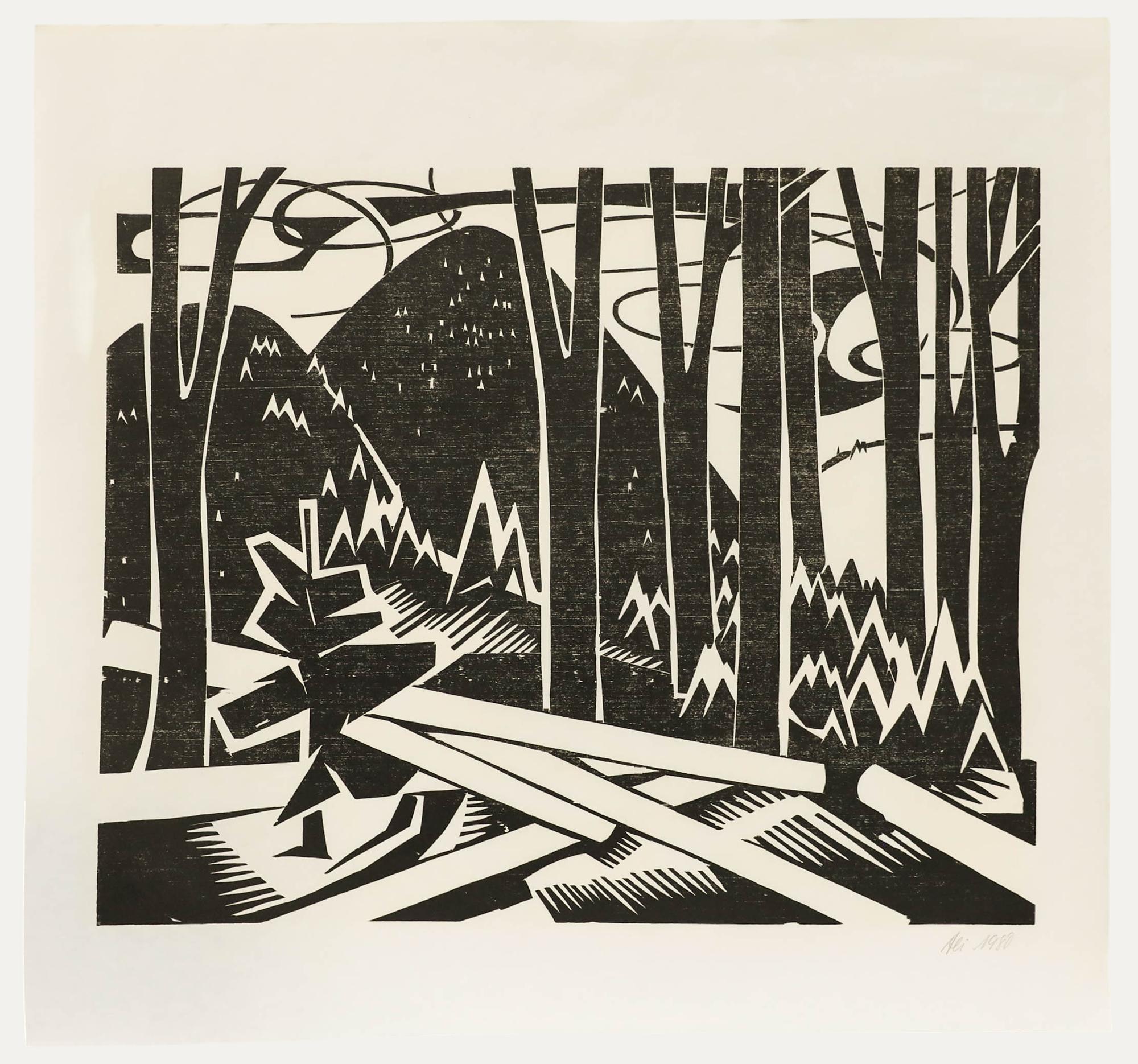 Ali Kurt Baumgarten (1914-2009) - 1980 Woodcut, Woodland Landscape