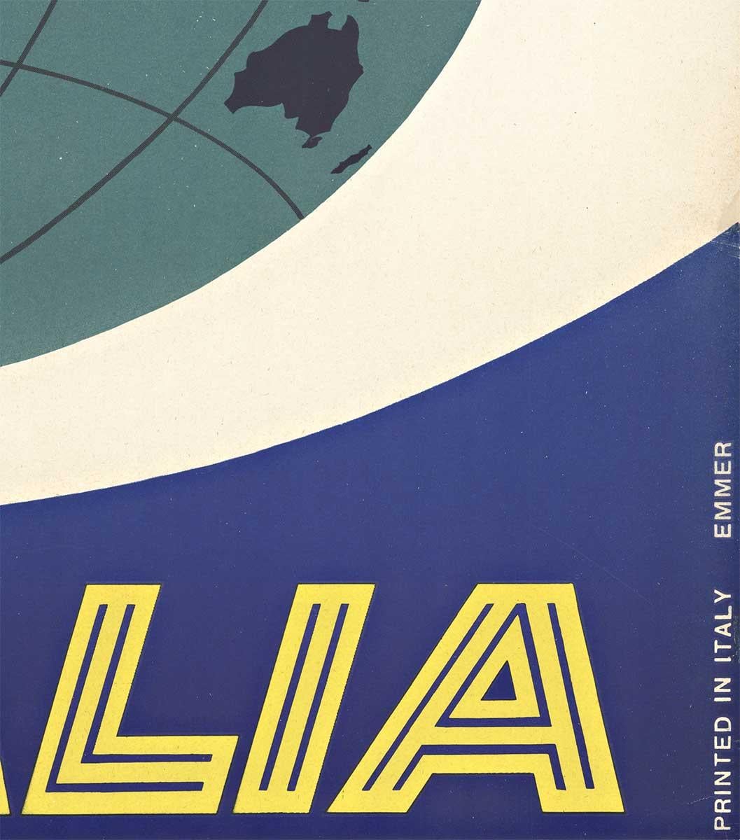 Original vintage poster:  ALITALIA DC 8  aircraft.
Early 60''s travel poster. Très bon état. Linen backed.   Features a DC-8 flying over the top of the figure 8.   The top opening of the 8 has the  North American and South American continents.  The