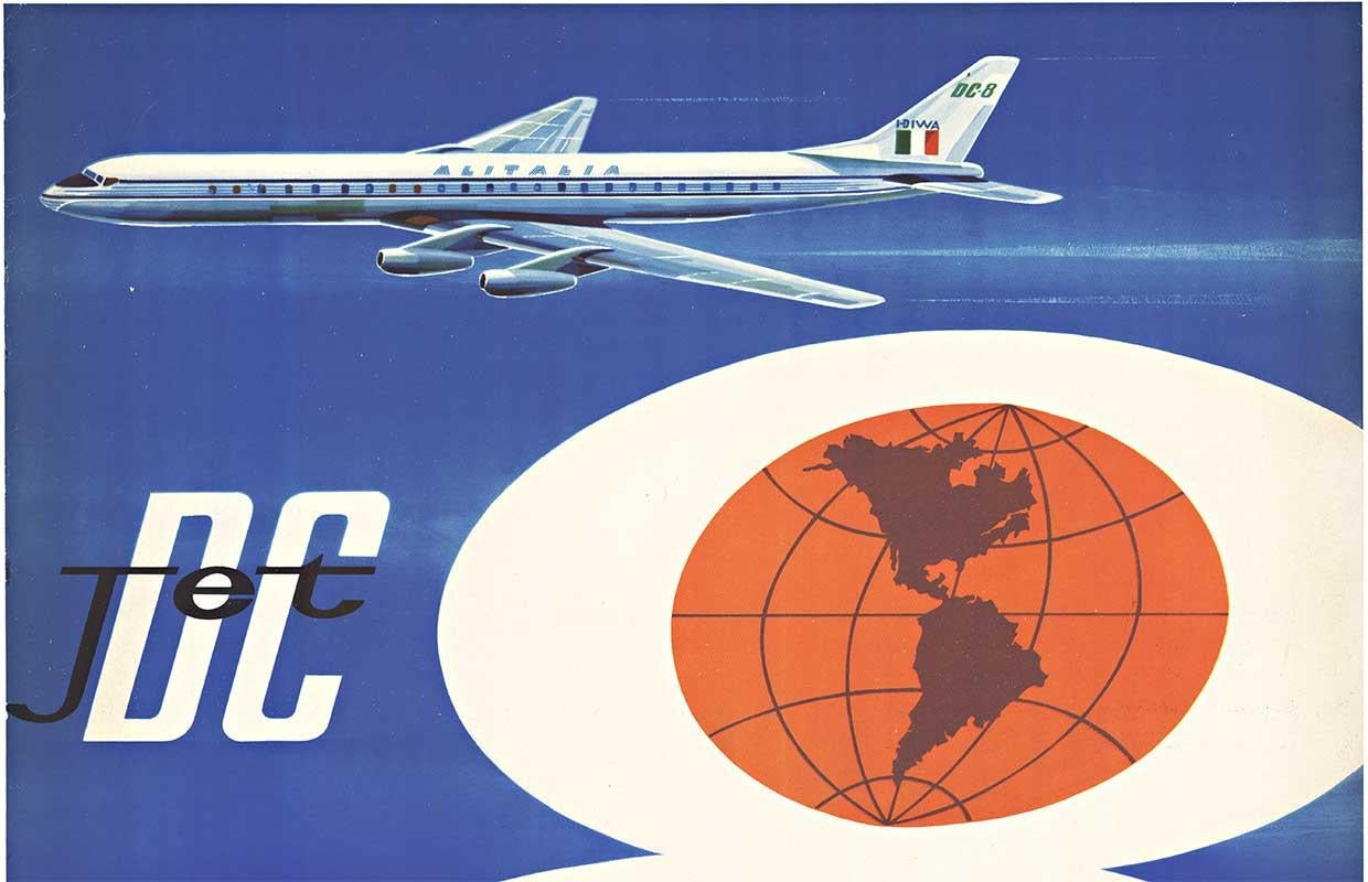 Affiche de voyage italienne vintage originale d'Alitalia - DC aircraft en vente 1