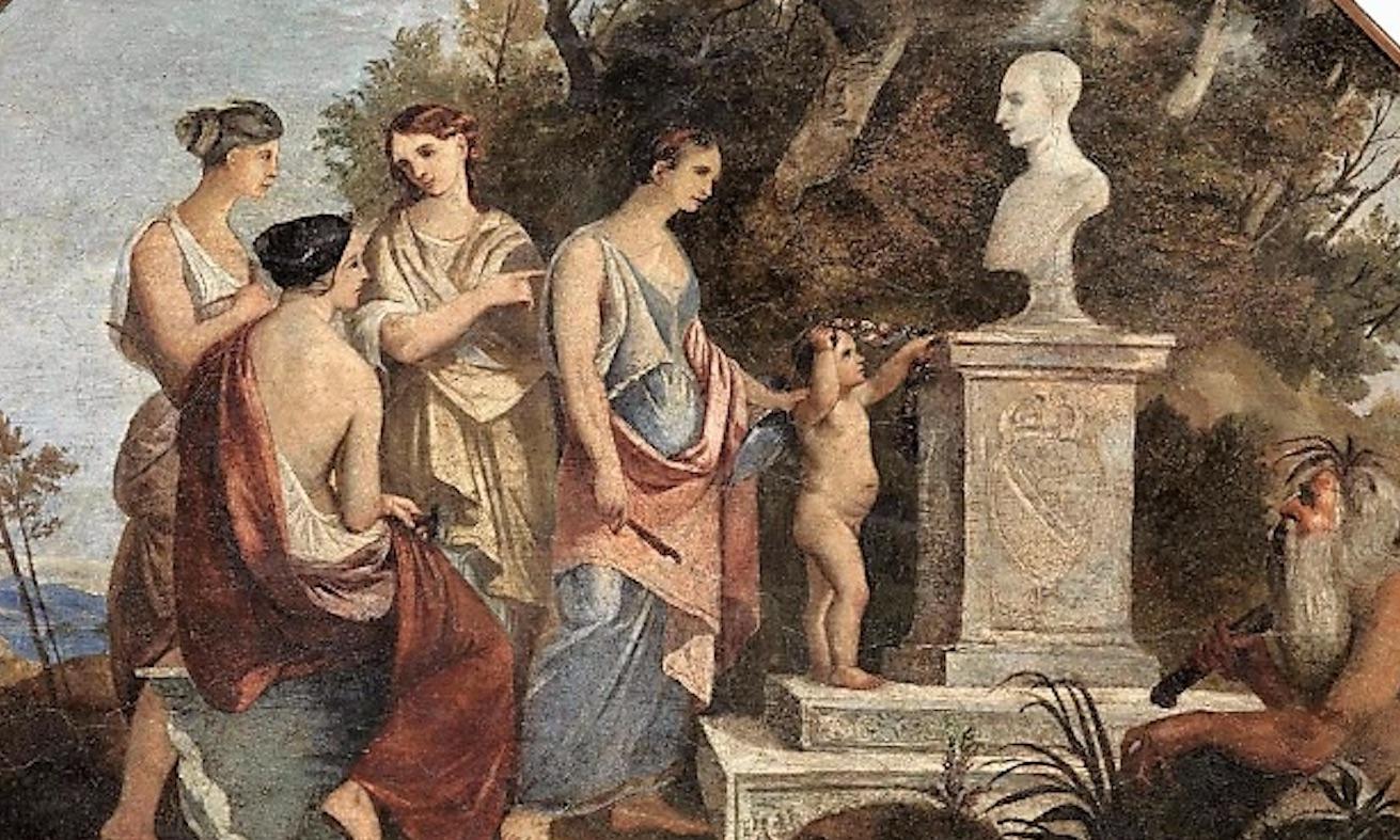 Escena Alegórica con Vírgenes Vestales y Sátiro - Siglo XIX - Pintura - Moderno - Print de Unknown