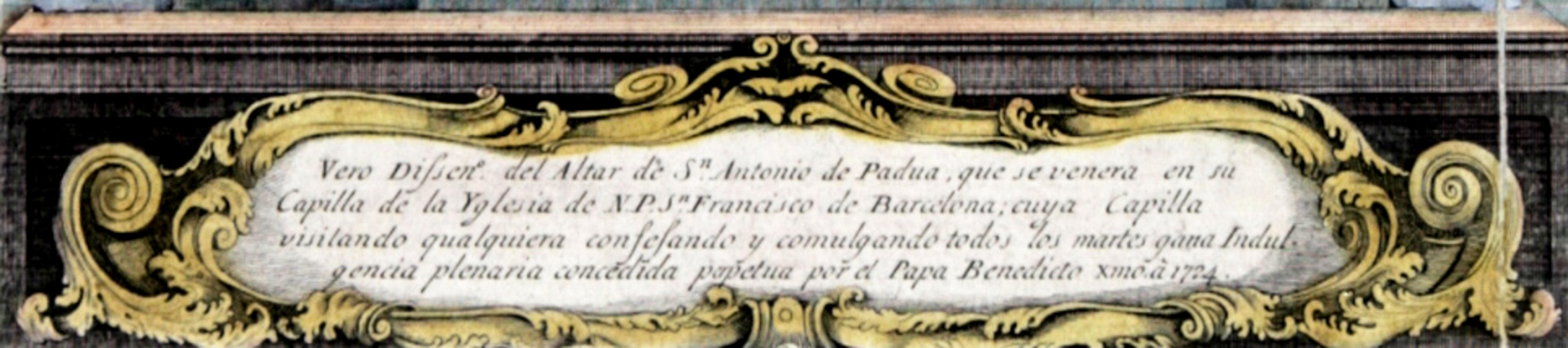 Gravure colorée à la main de l'autel de Saint-Antonio de Padoue, 1724 - Print de Unknown