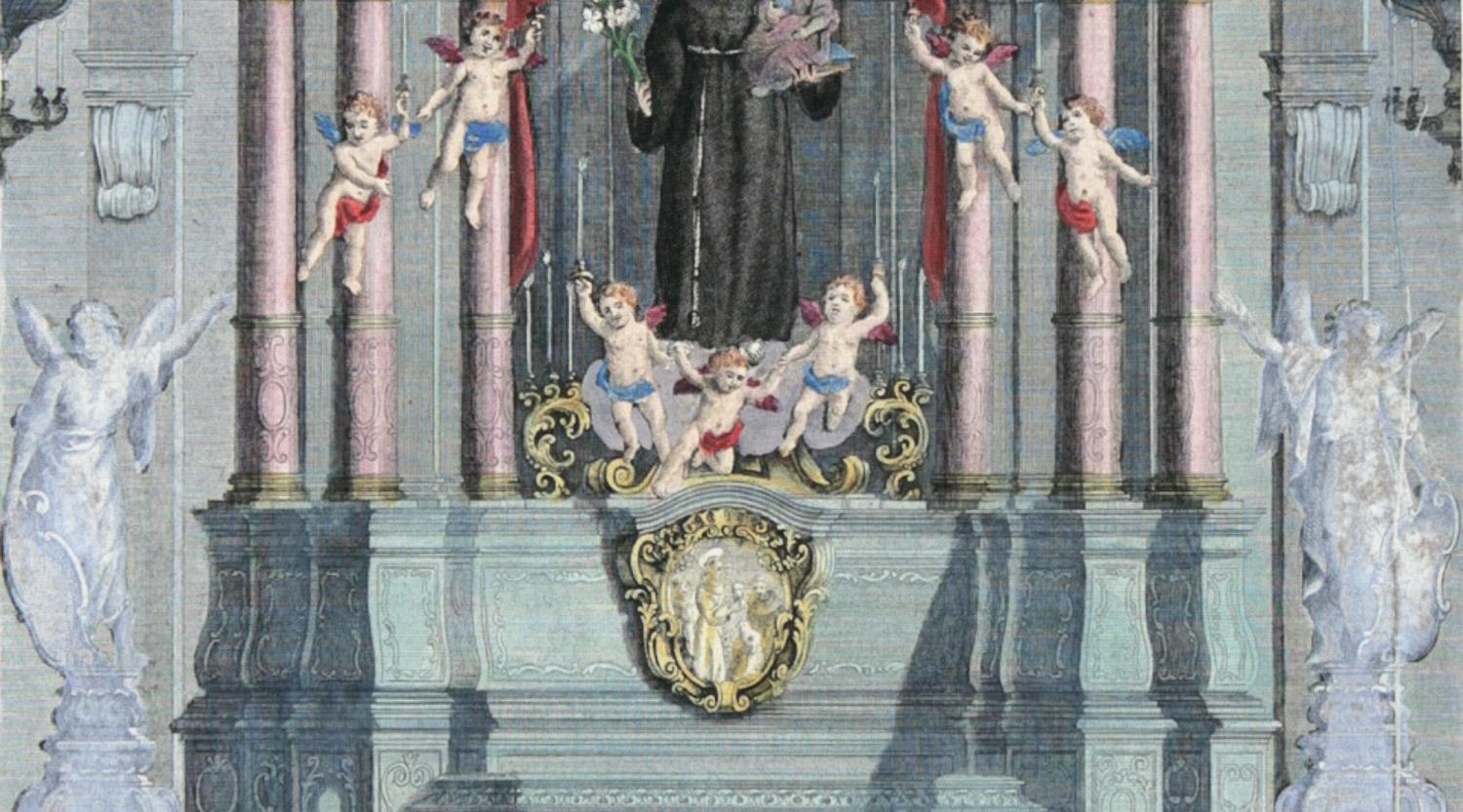 Gravure colorée à la main de l'autel de Saint-Antonio de Padoue, 1724 - Gris Figurative Print par Unknown