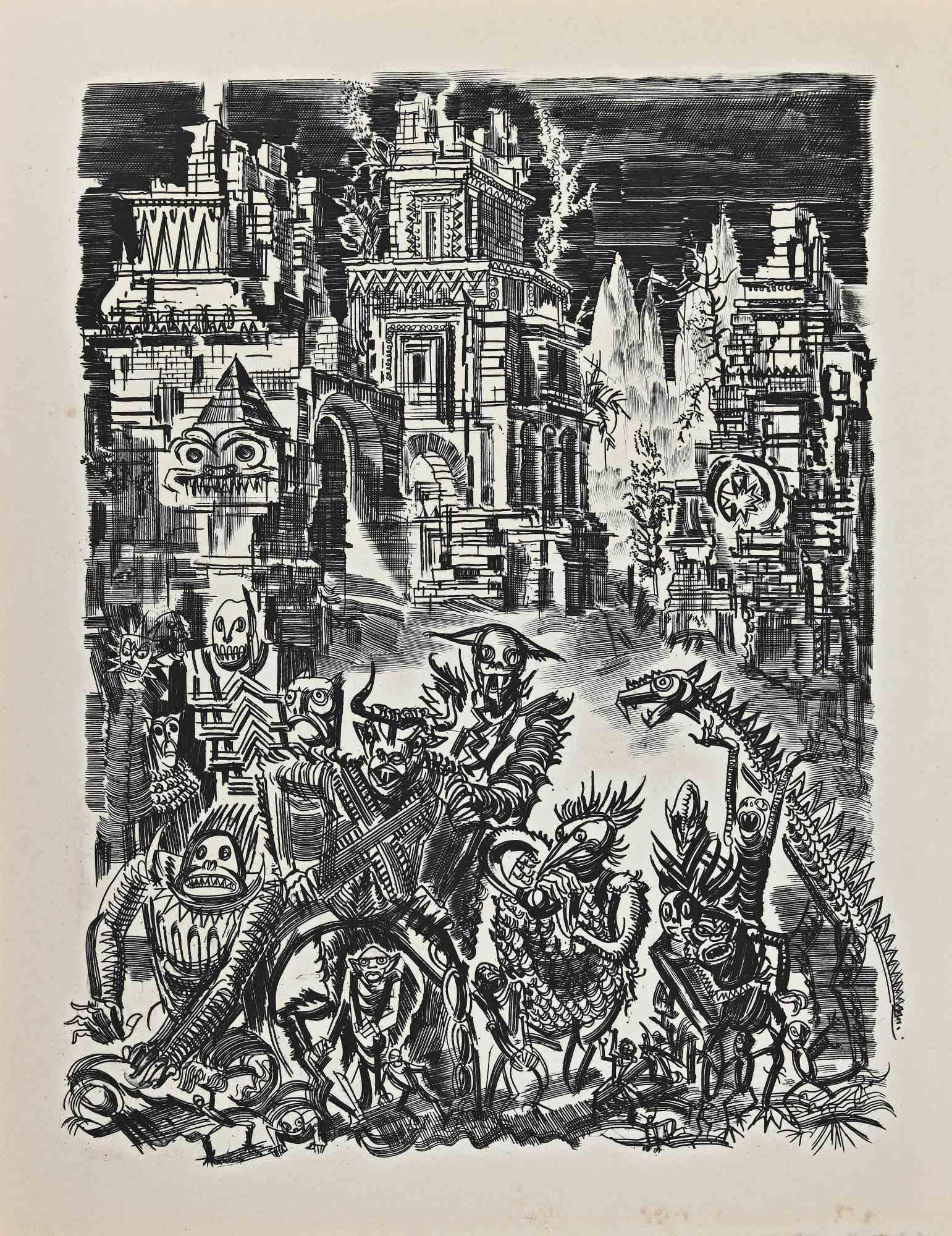 Albert Decaris Figurative Art – America's Demons Have Gathered - Holzschnitt Druck - Ende des 20. Jahrhunderts