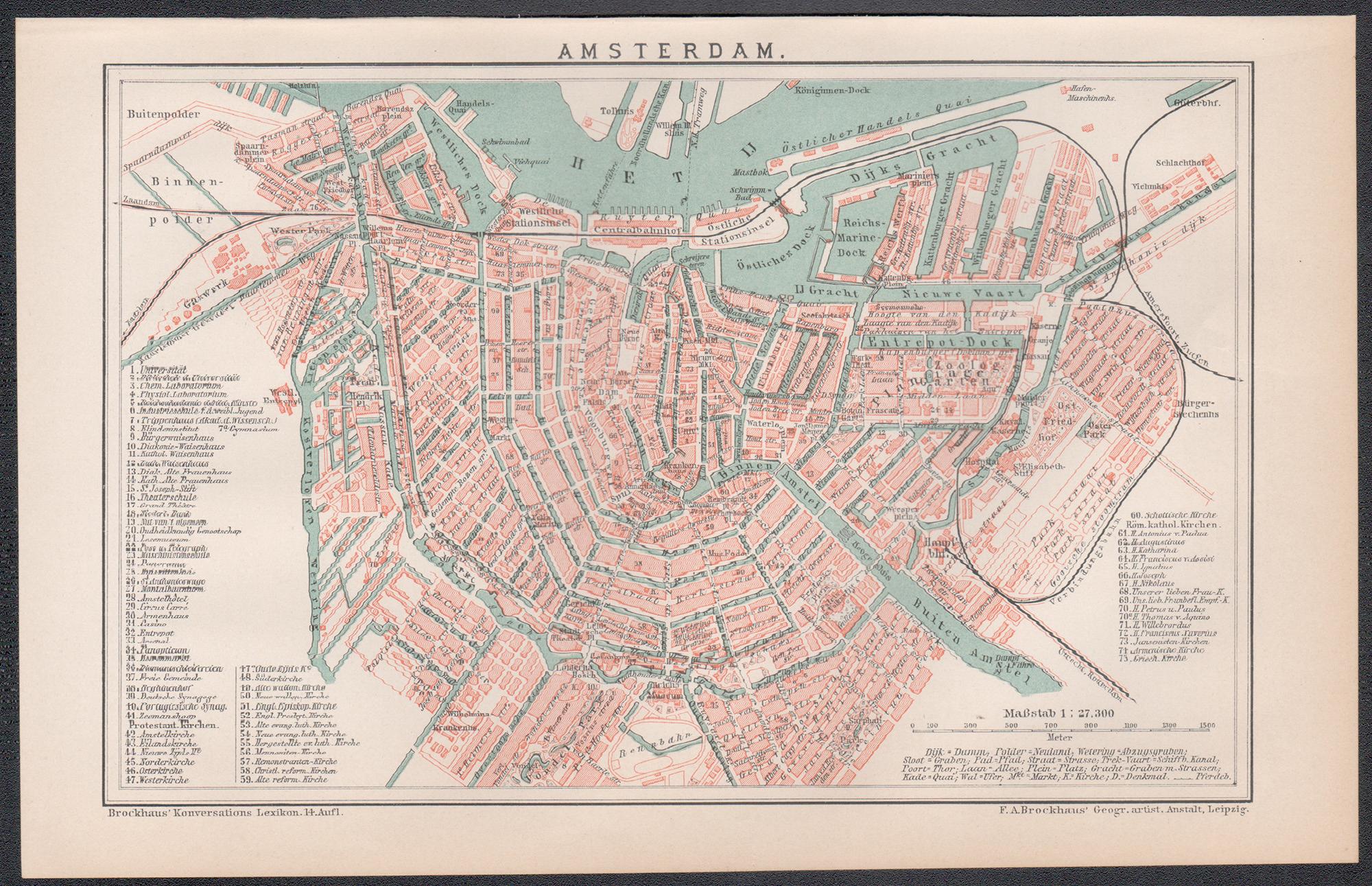 Amsterdam, Niederlande. Antike Karte Stadtplan Chromolithographie, um 1895 – Print von Unknown