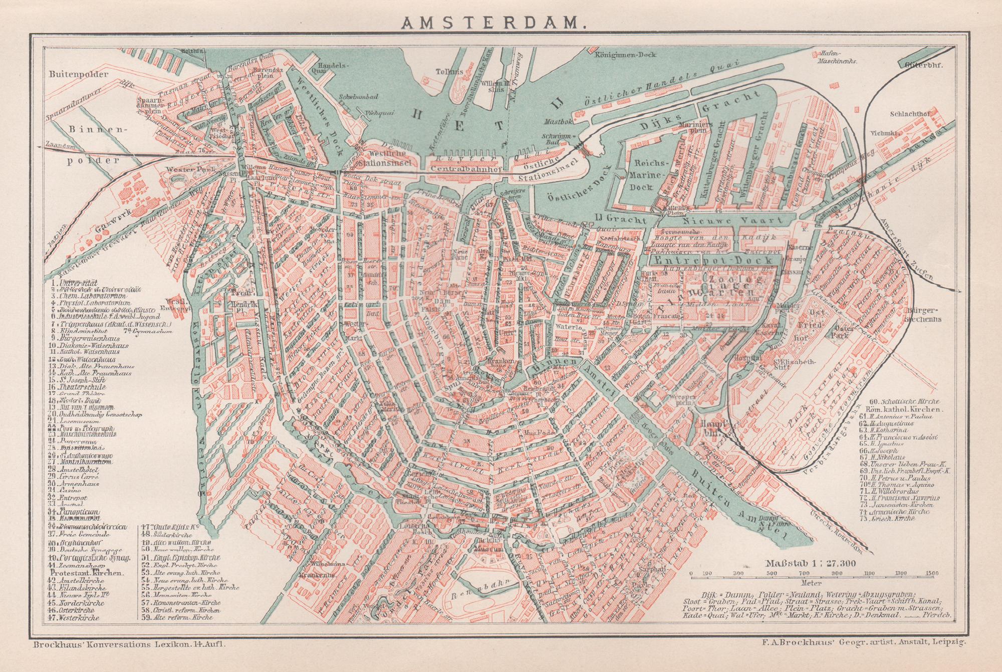 Amsterdam, Netherlands. Antique Map City Plan Chromolithograph, circa 1895