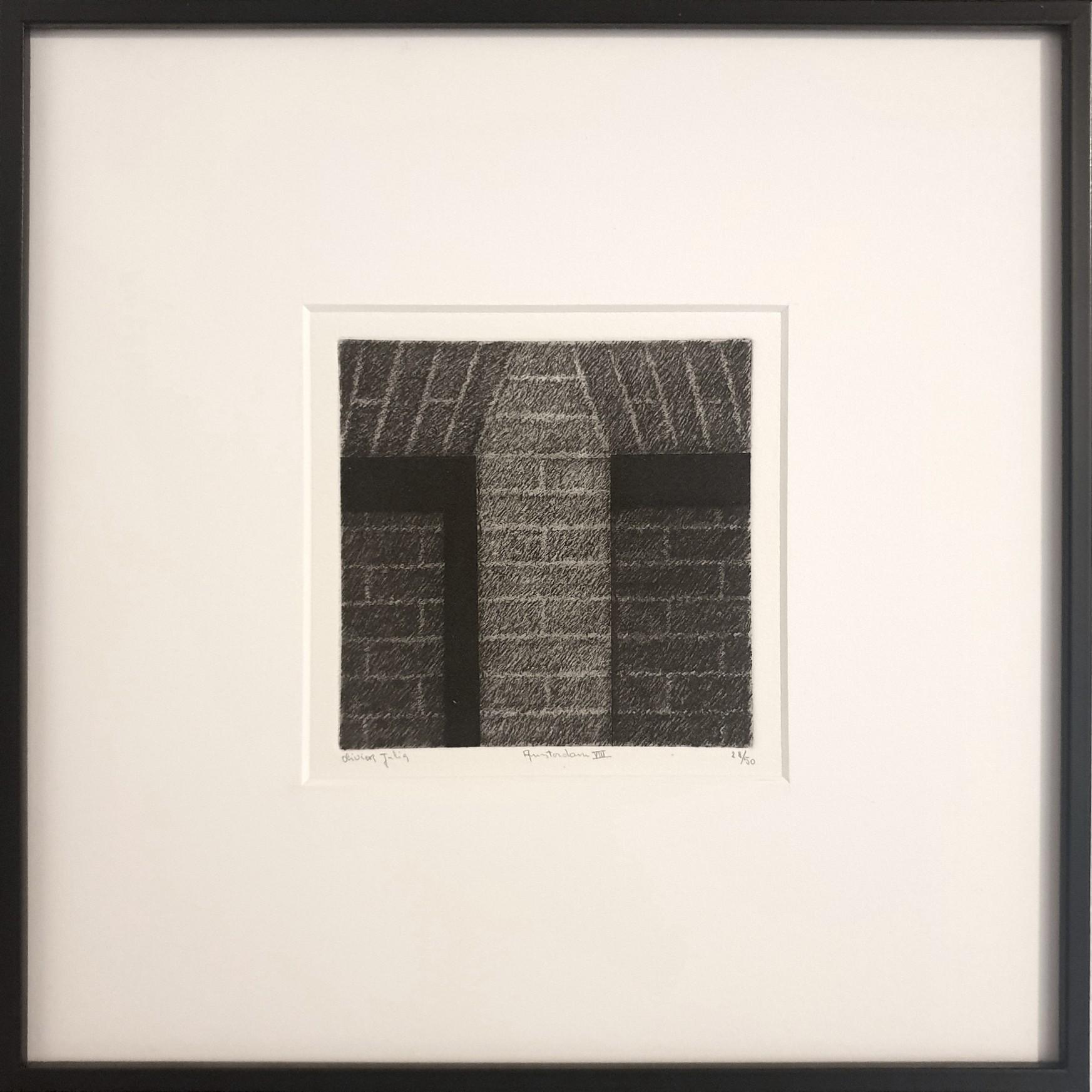 Amsterdam VIII ed 28/50 black-white canal house facade aquatint etch print