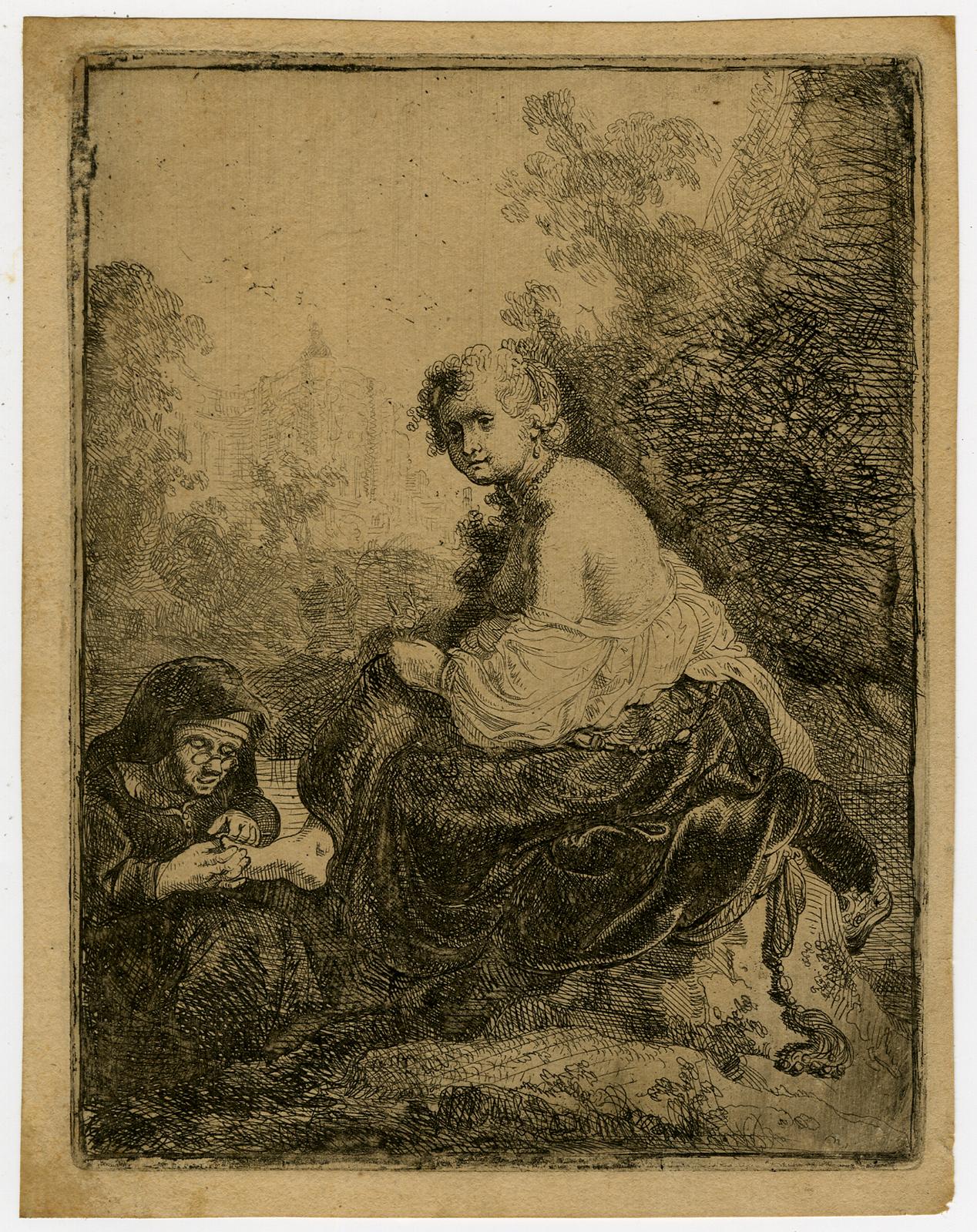 Unknown Print - An old woman cutting her mistress's nails - Etching - 17th Century