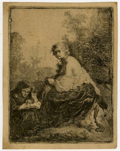 An old woman cutting her mistress's nails - Etching - 17th Century