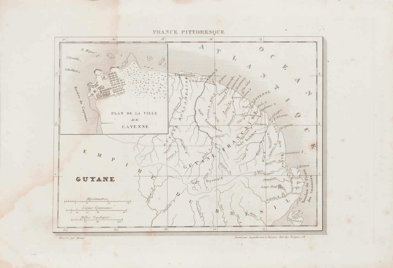 Ancient Map of Guyane - Original Etching - 19th Century