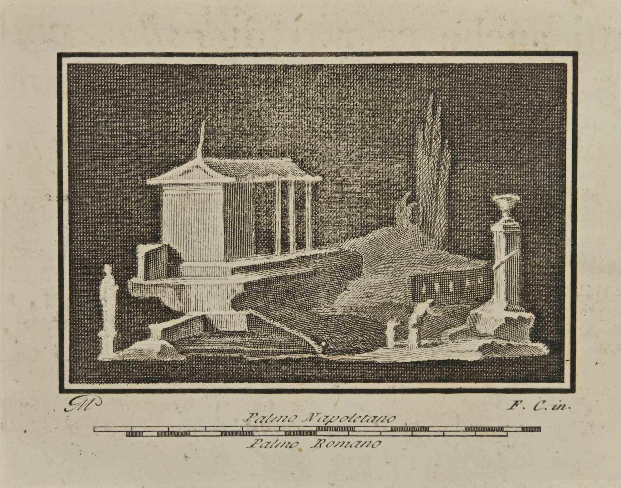 Figurative Print Unknown - Paysage romain ancien - gravure de divers auteurs - XVIIIe siècle