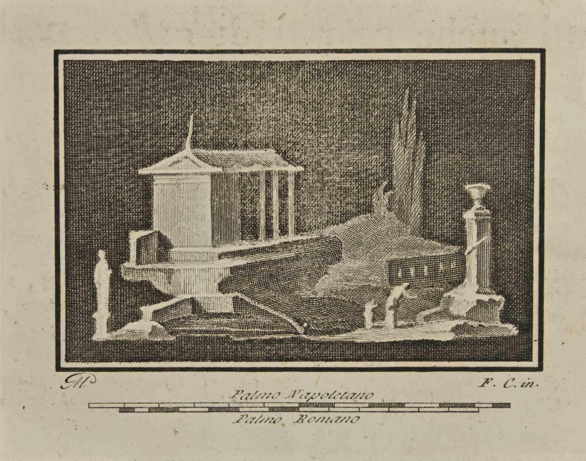 Figurative Print de Unknown - Antiguo paisaje romano - Grabado de varios autores - Siglo XVIII