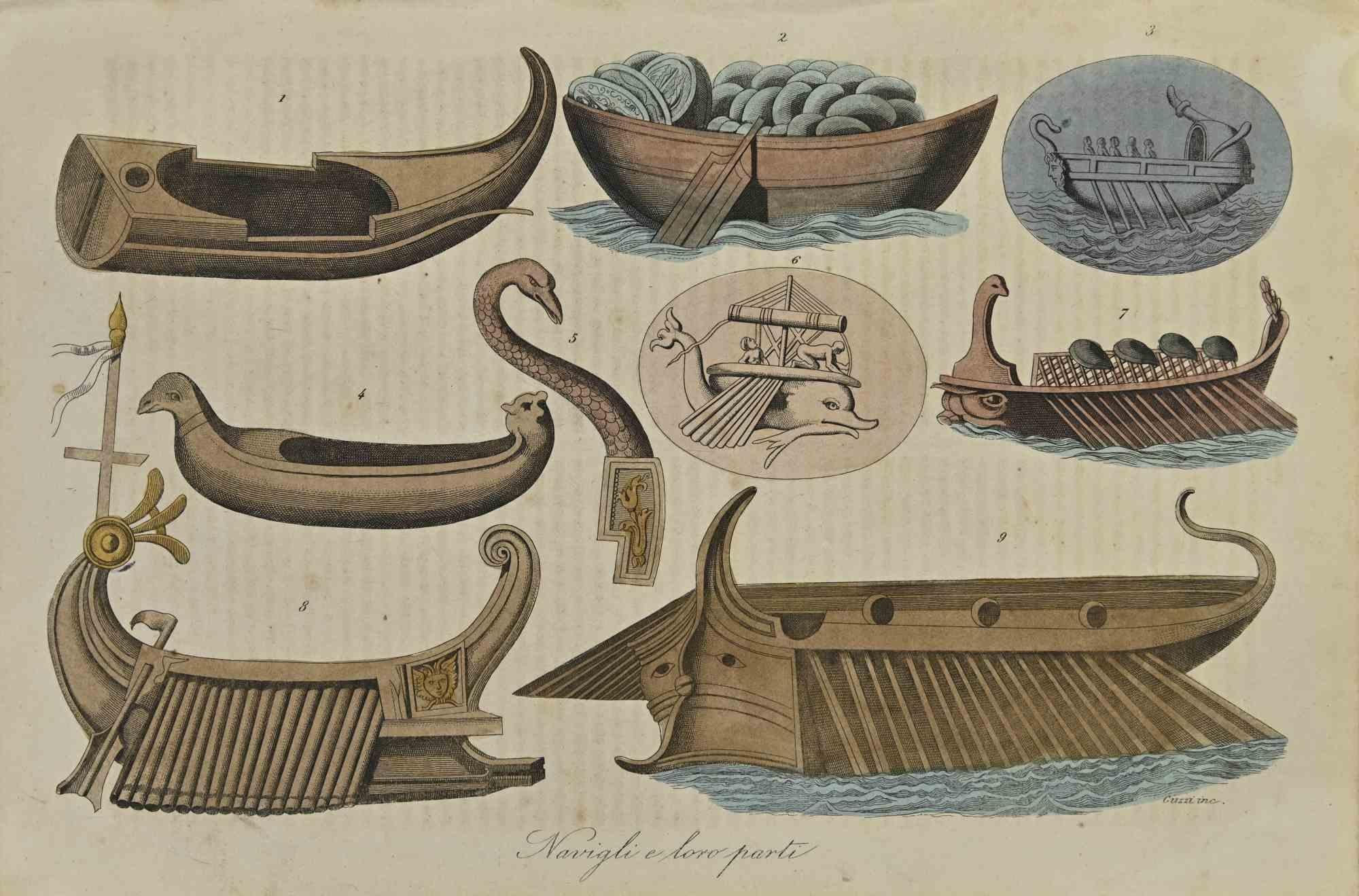 Figurative Print de Unknown - Barcos antiguos - Litografía - 1862
