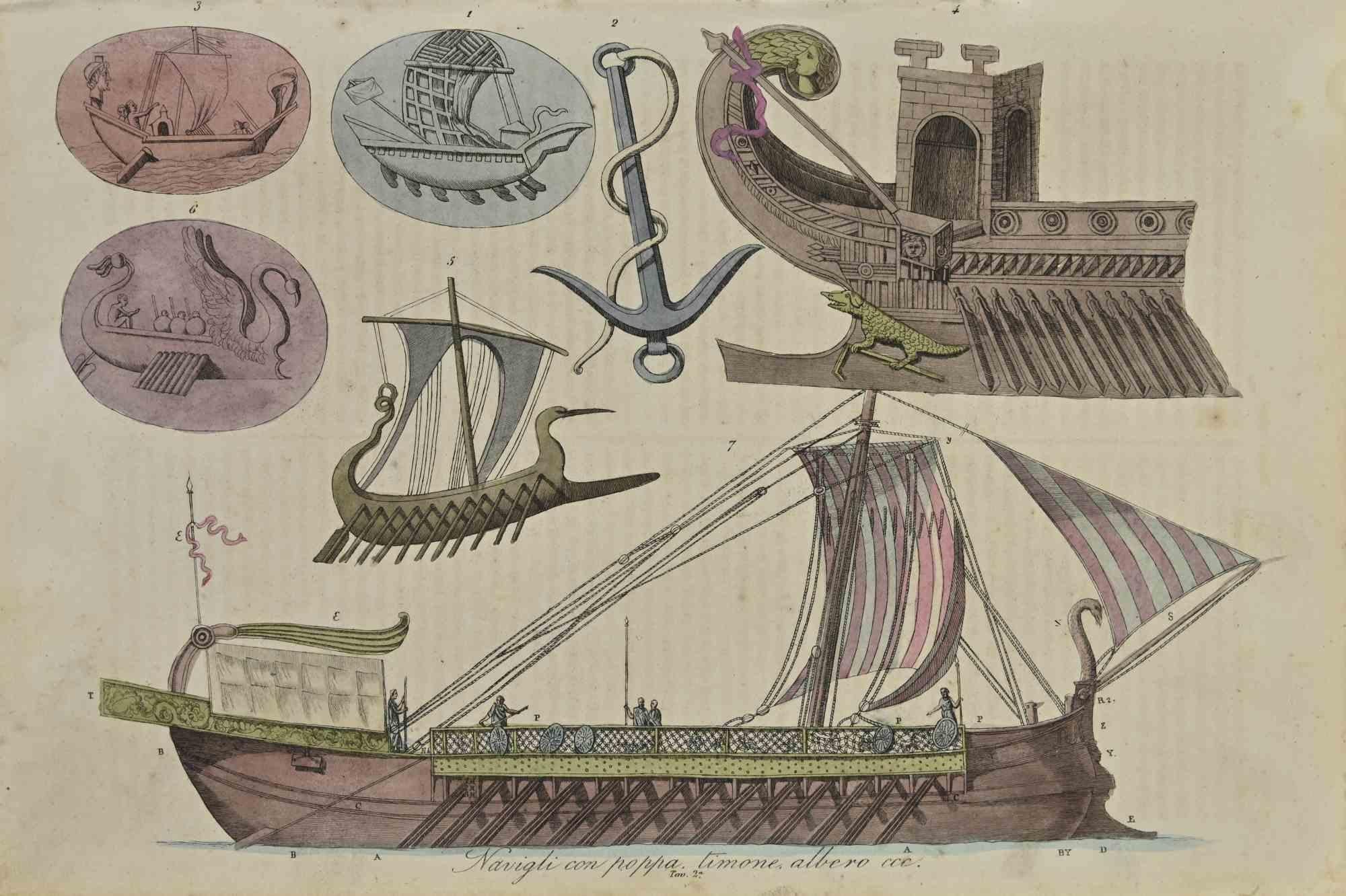 Figurative Print de Unknown - Barcos antiguos - Litografía - 1862