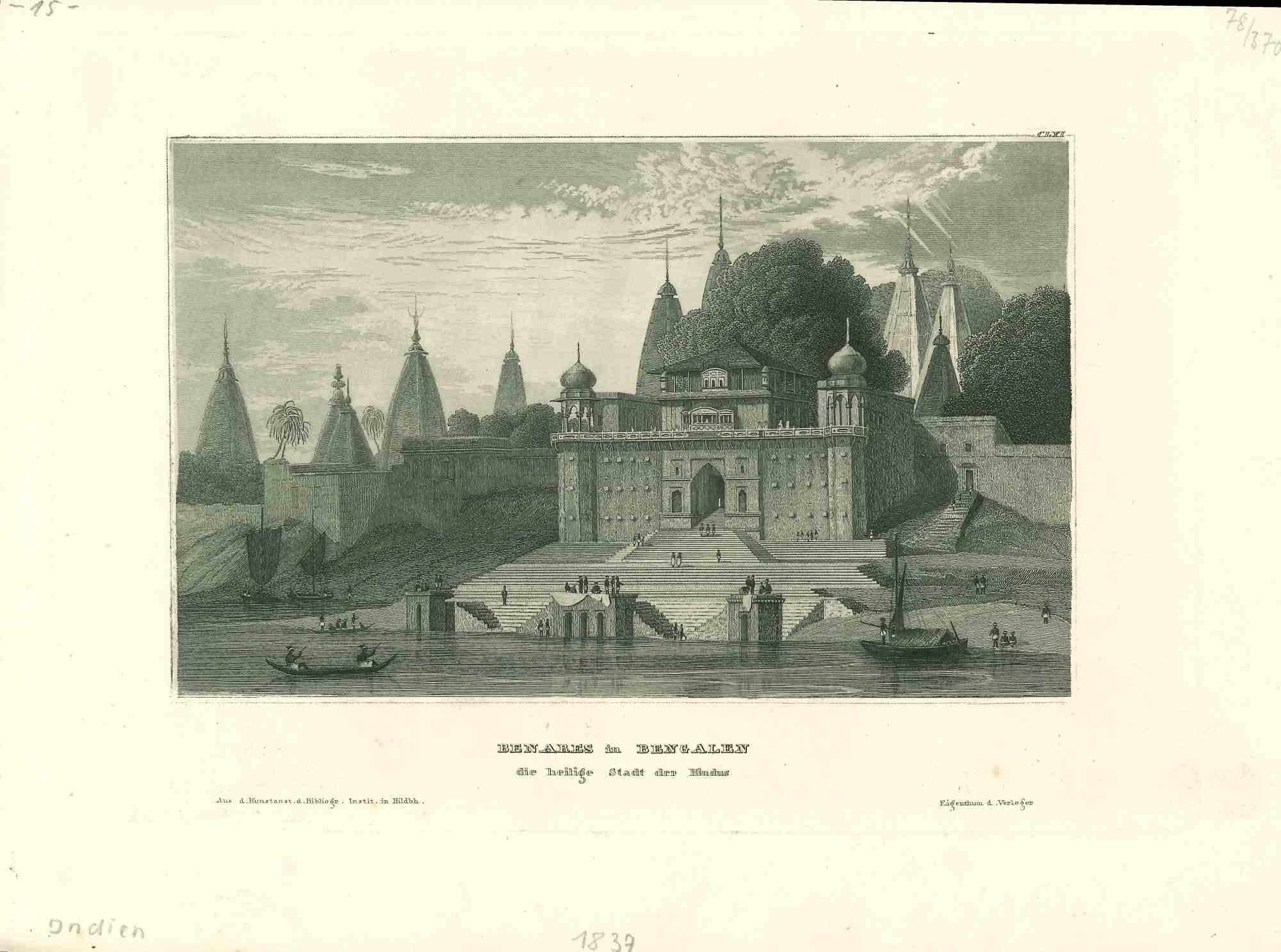Unknown Figurative Print - Ancient View of Benares - Original Lithograph - Early 19th Century