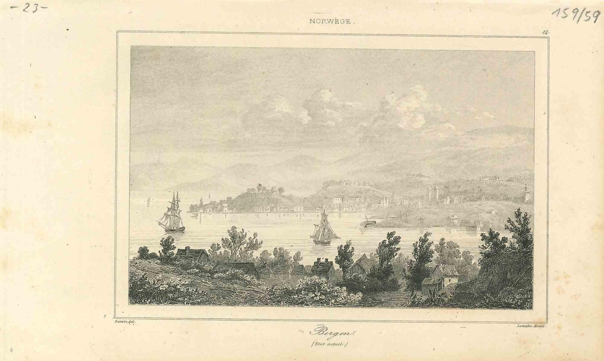 Landscape Print Unknown - Vue ancienne de  Bergen - Lithographie originale sur papier - Début du 19ème siècle