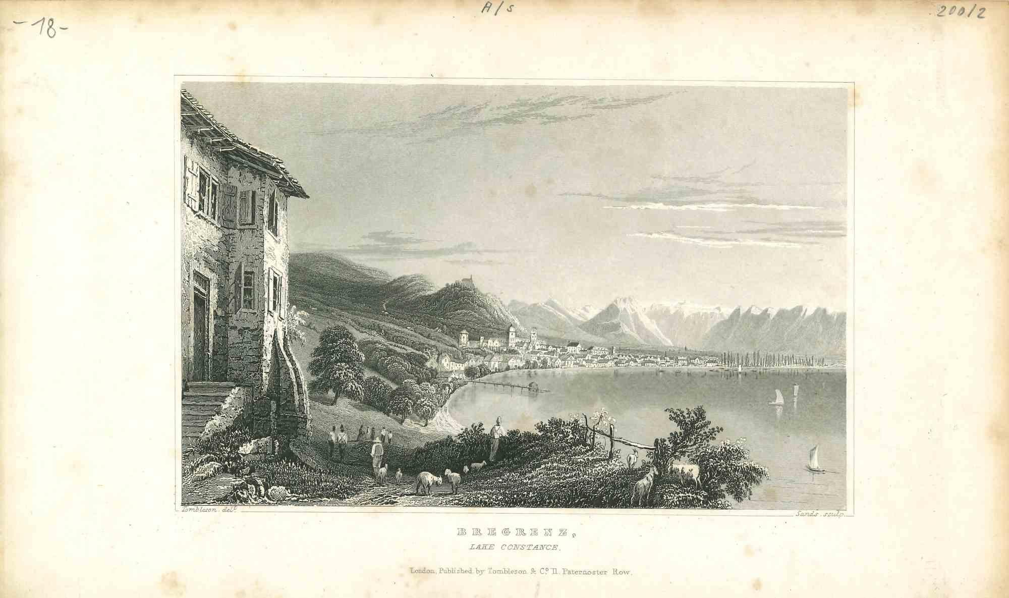 Ancient View of Bregrenz - Original Lithograph on Paper - Mid-19th Century
