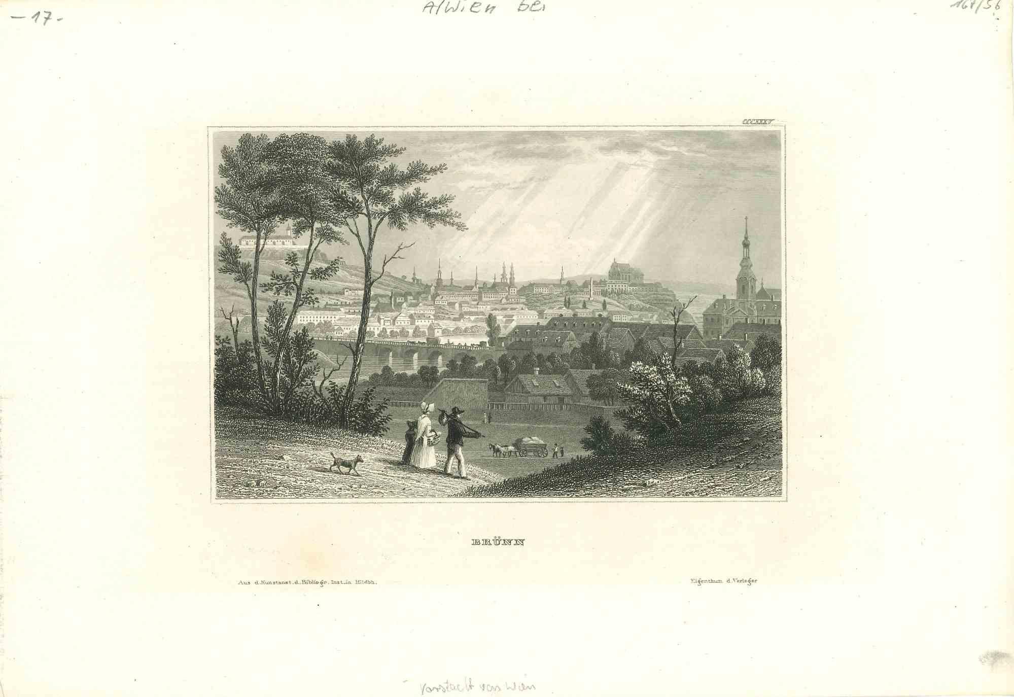 Landscape Print de Unknown - Antigua vista de Brünn - Litografía original sobre papel - Mediados del siglo XIX