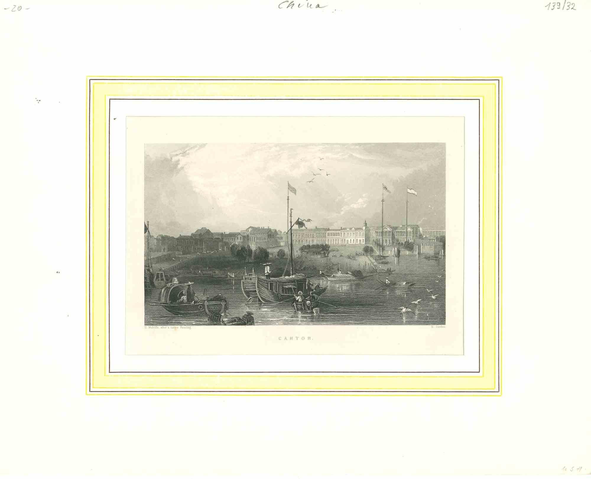 Unknown Figurative Print - Ancient View of Canton - Original Lithograph on paper - Mid-19th Century