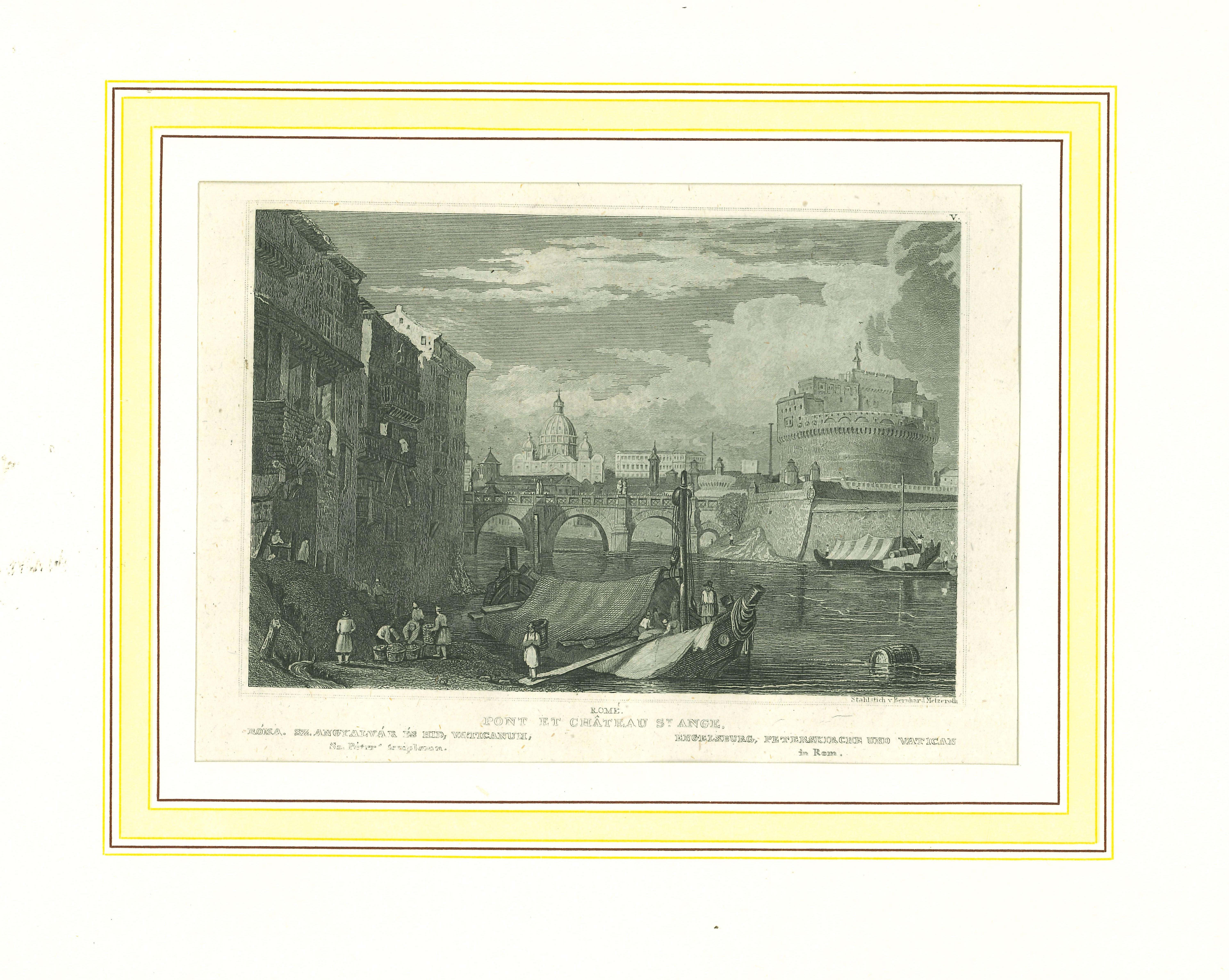 Unknown Figurative Print - Ancient View of Castel Sant'Angelo- Original Lithograph on Paper - 1850