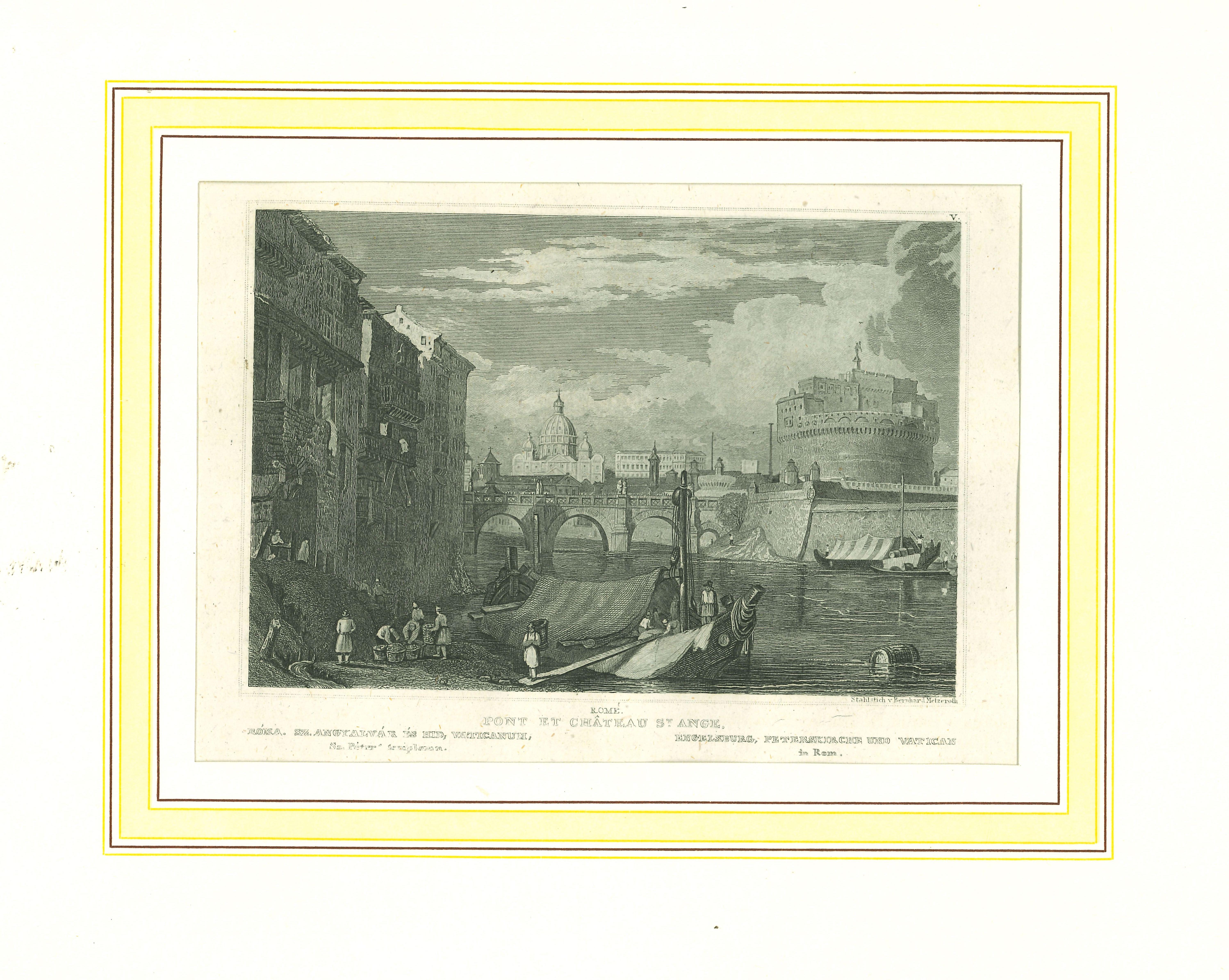 Figurative Print di Unknown - Antica veduta di Castel Sant'Angelo - Litografia originale su carta - 1850