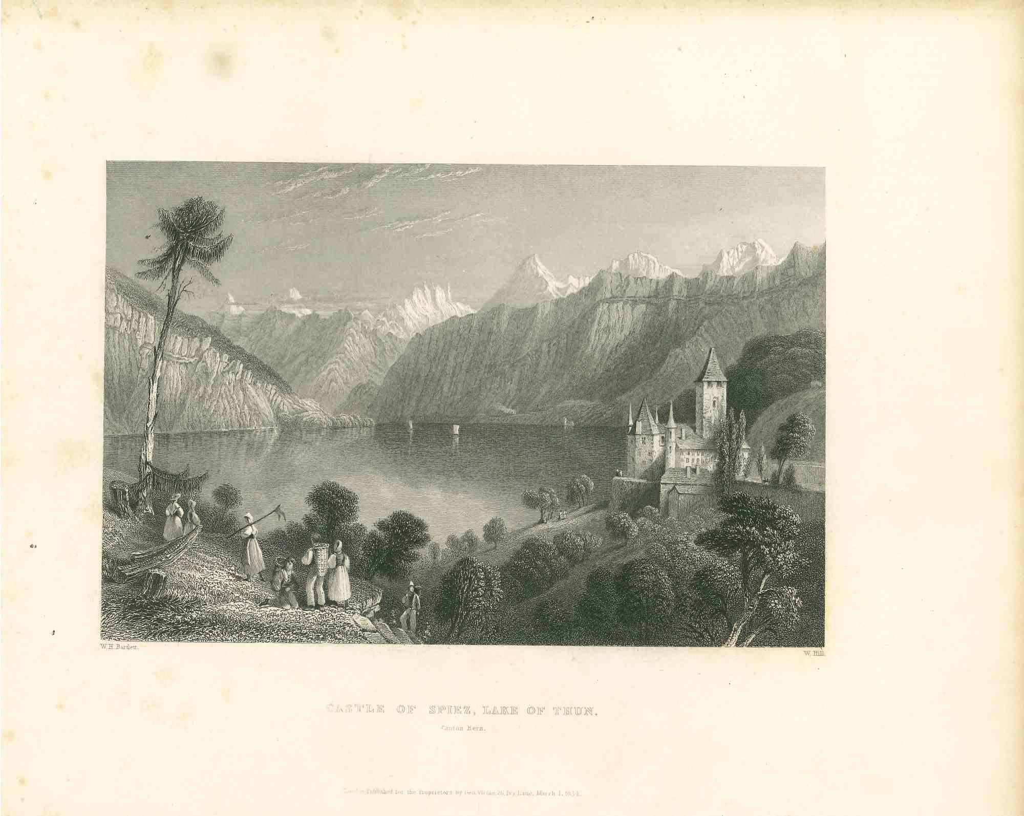 Unknown Figurative Print - Ancient View of Castle of Spiez - Original Lithograph - Mid-19th Century