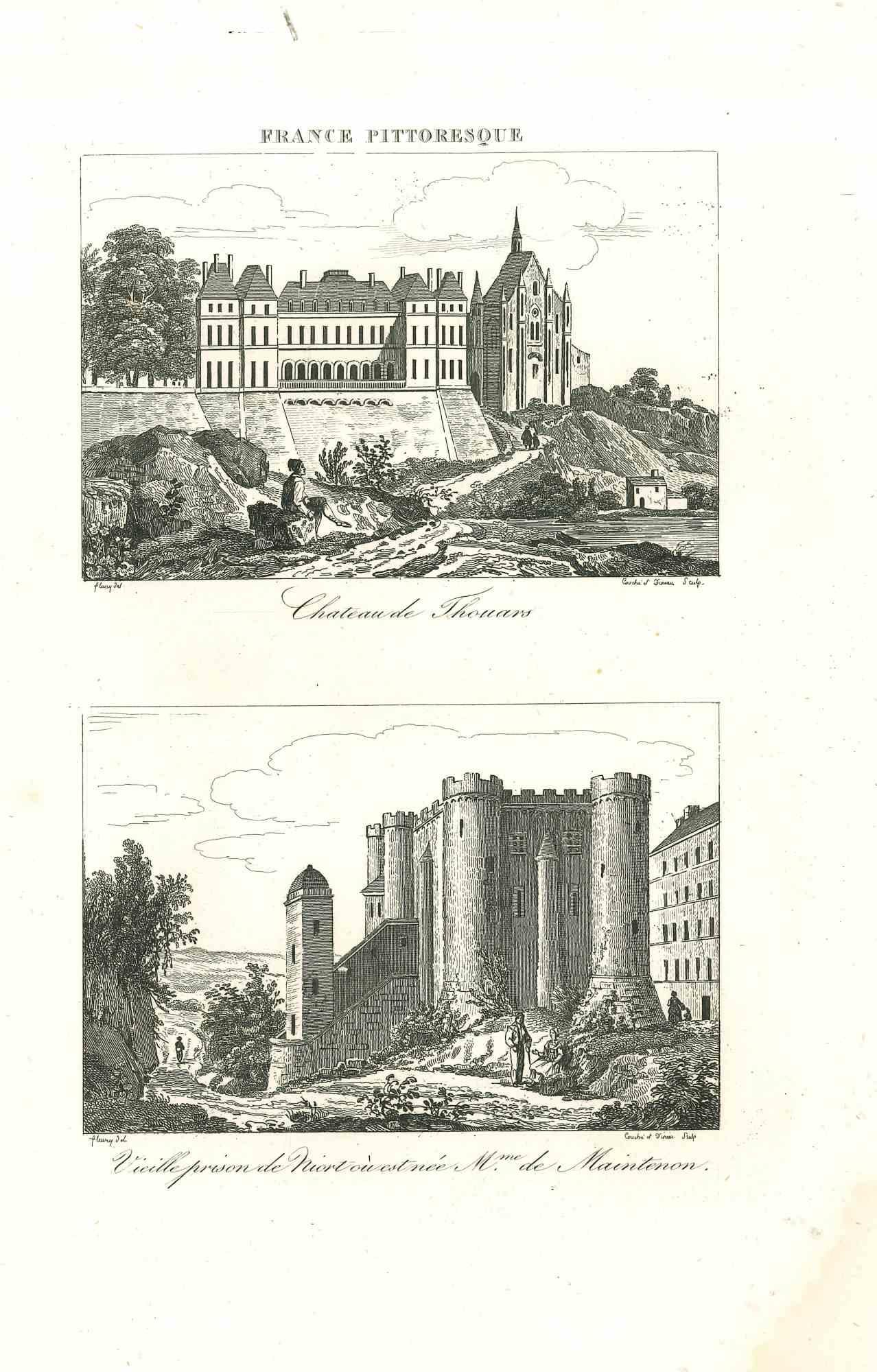 Ancienne vue du château de Touars - Lithographie originale - 19ème siècle