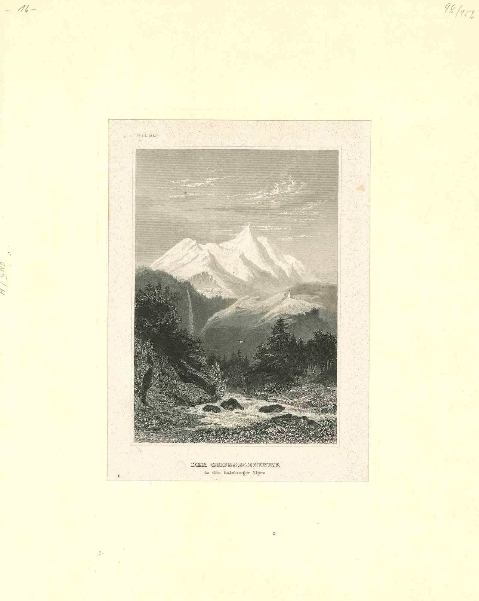 Ancient View of Der Grossglockner - Original Lithograph - 19th Century - Mixed Media Art by Unknown