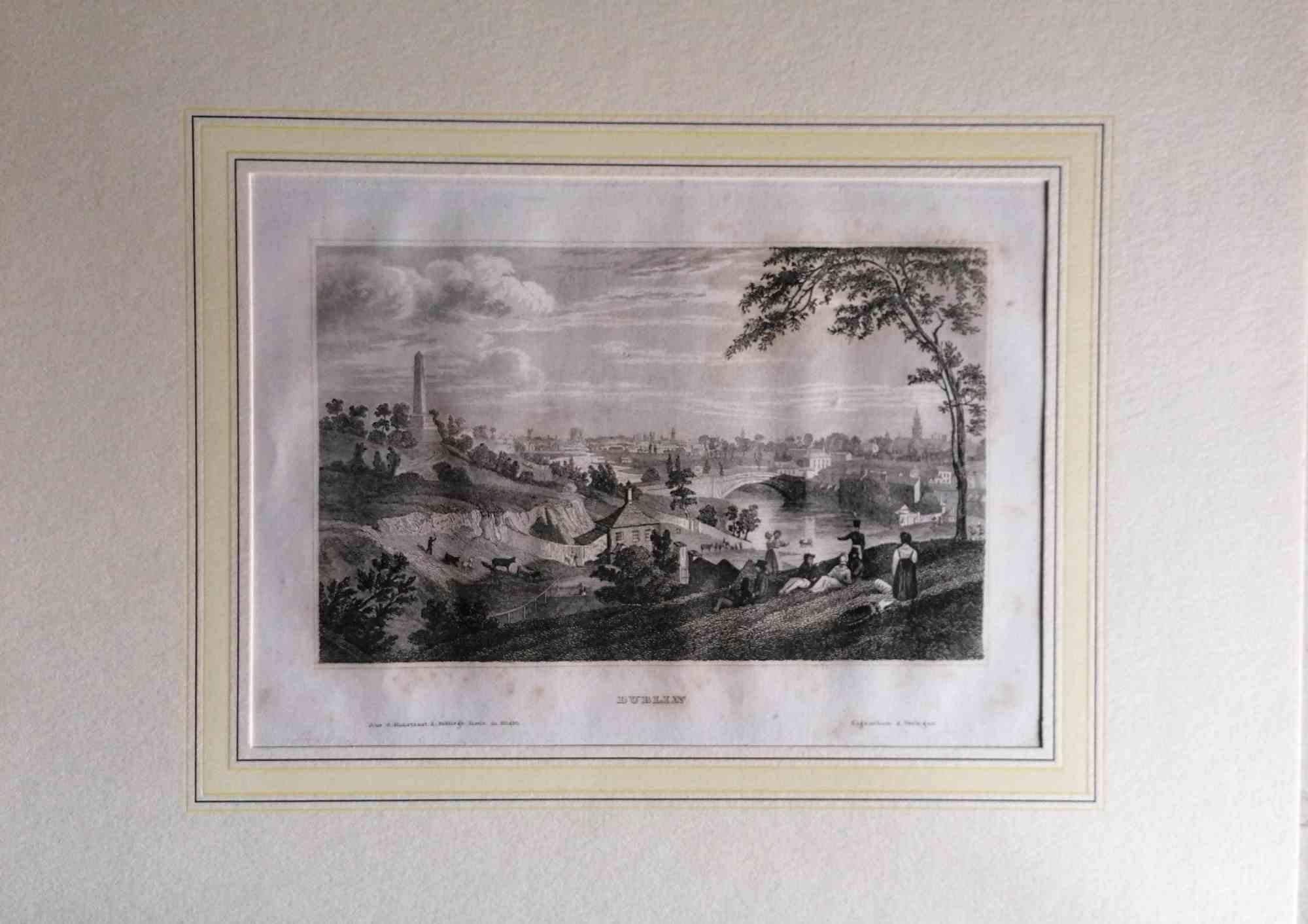 Ancienne vue de Dublin - Lithographie originale - Milieu du 19e siècle