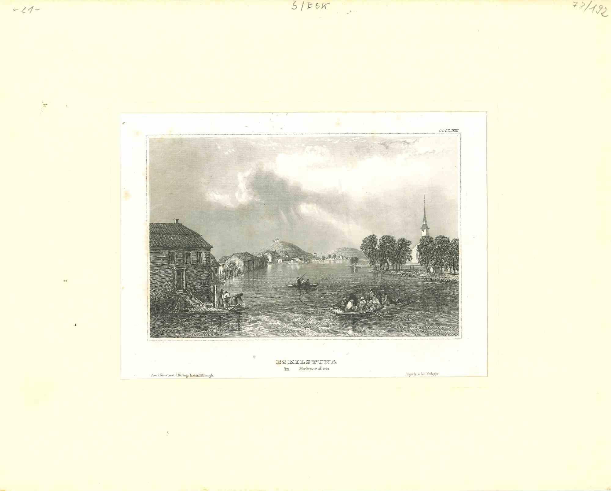 Antigua vista de Eskilstuna - Litografía original - Mediados del siglo XIX
