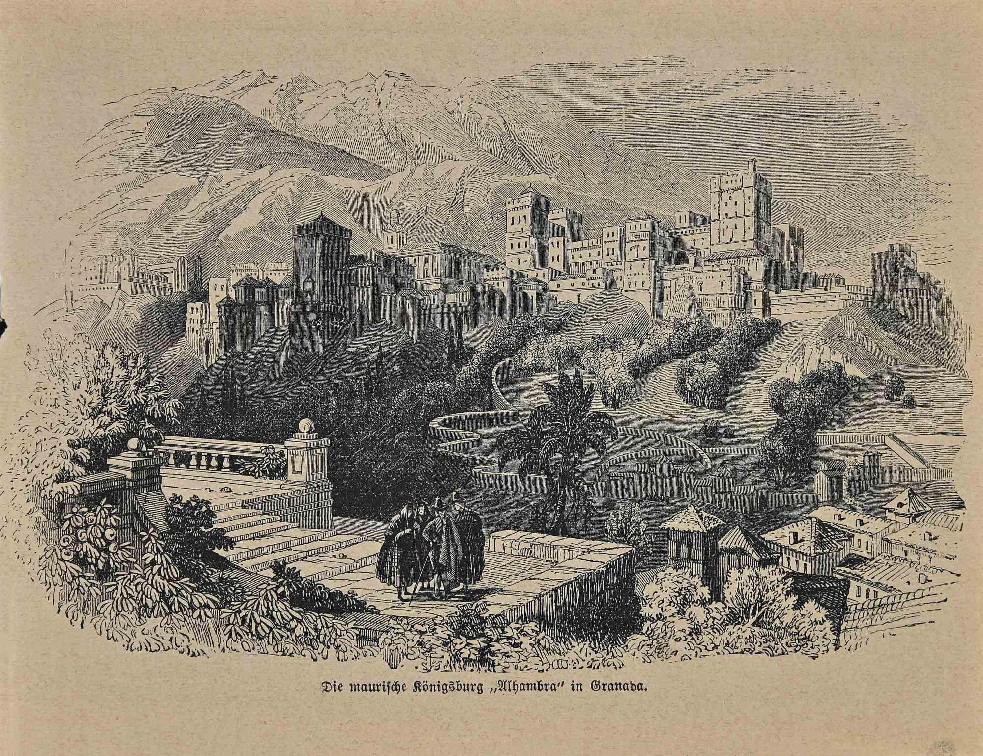 Unknown Landscape Print - Ancient View of Granada - Original Lithograph - 19th Century