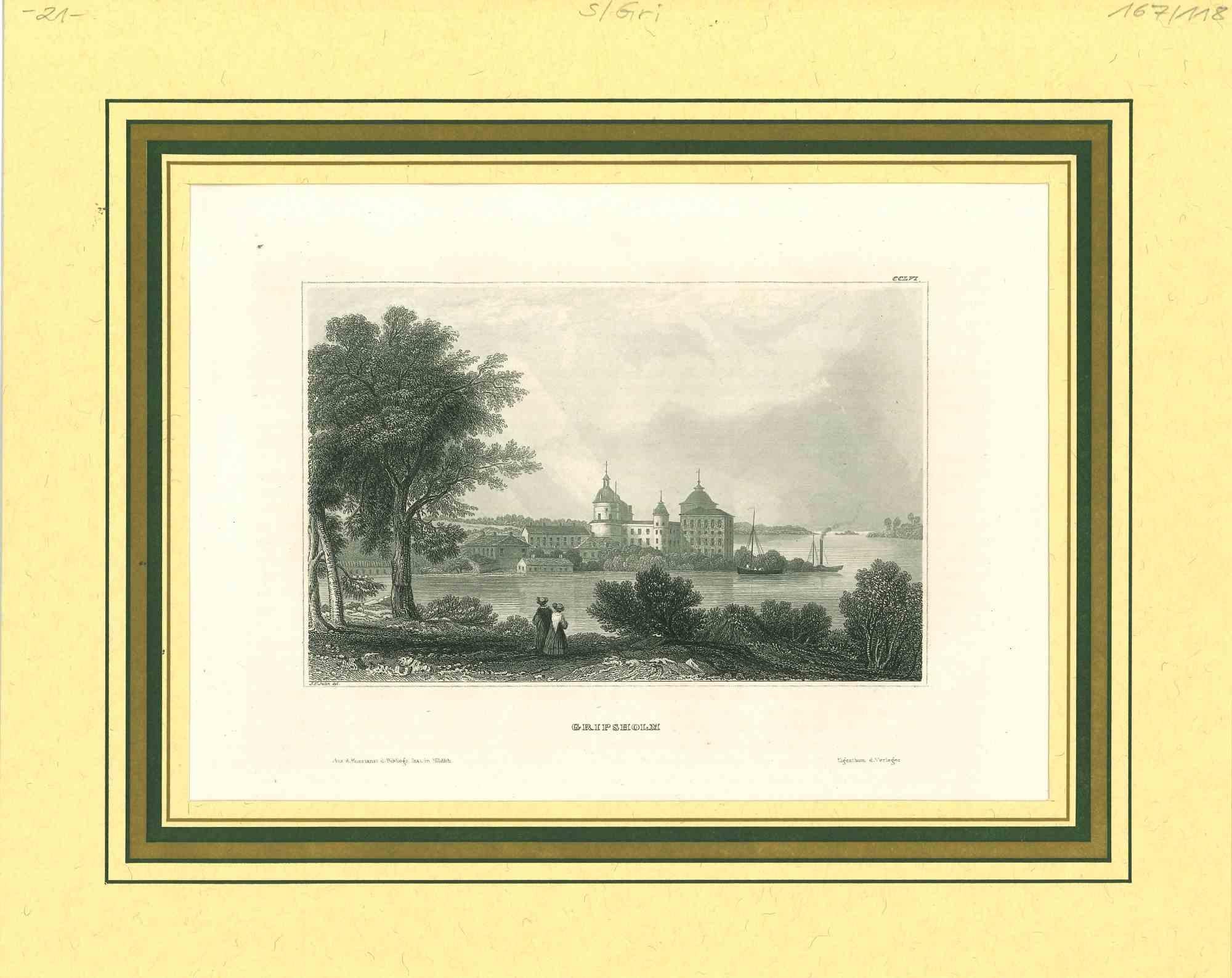 Unknown Figurative Print - Ancient View of Gripscholm - Original Lithograph - Mid-19th Century