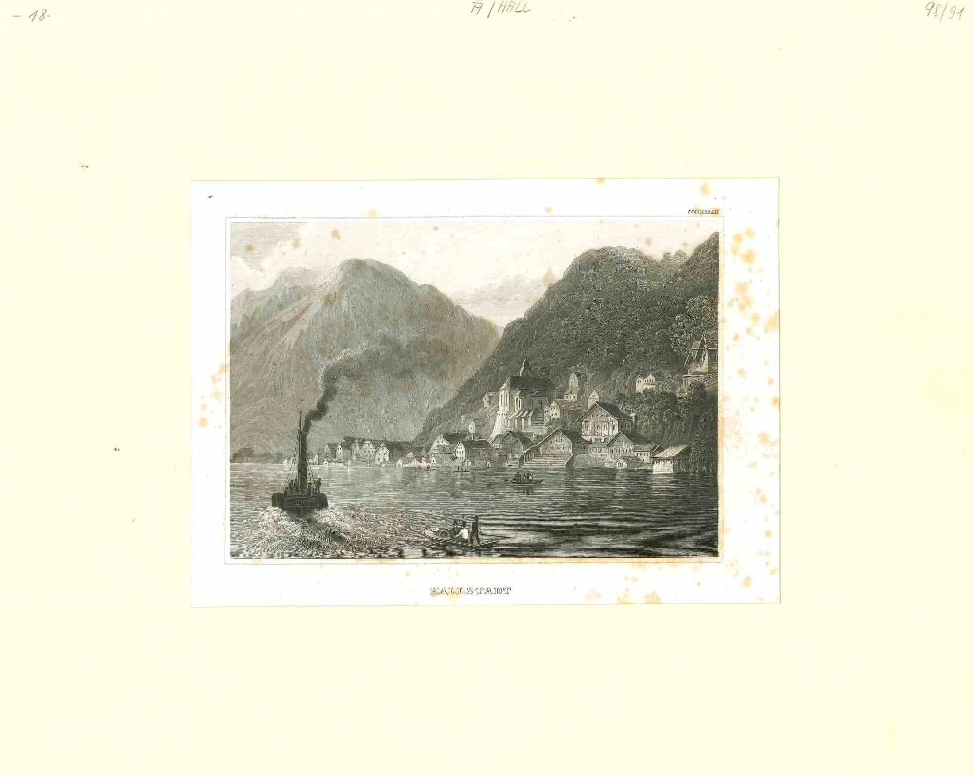 Figurative Print Unknown - Ancienne vue de Hallstadt - Lithographie originale - Milieu du 19e siècle