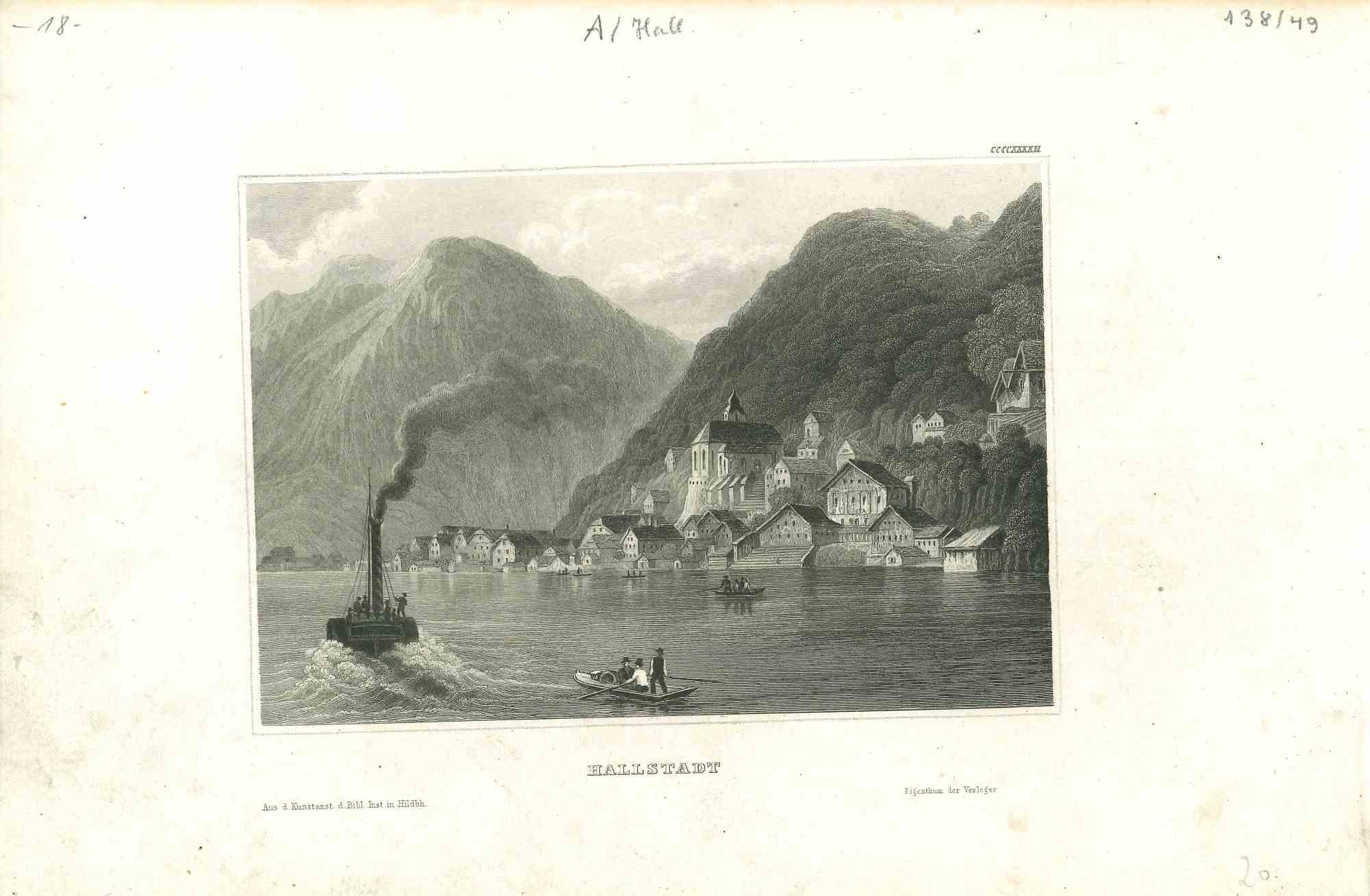 Unknown Landscape Print - Ancient View of Hallstadt - Original Lithograph on Paper - Mid-19th Century