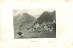 Antica veduta di Hallstadt - Litografia originale su carta - Metà del XIX secolo