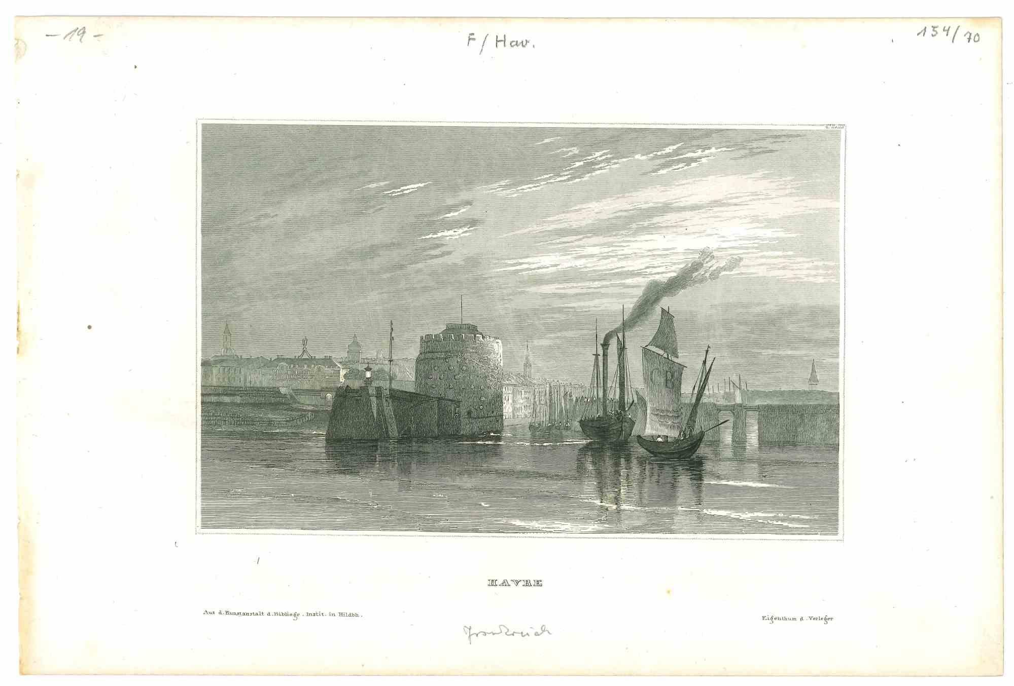 Unknown Landscape Print - Ancient View of Havre - Original Lithograph - Mid-19th Century