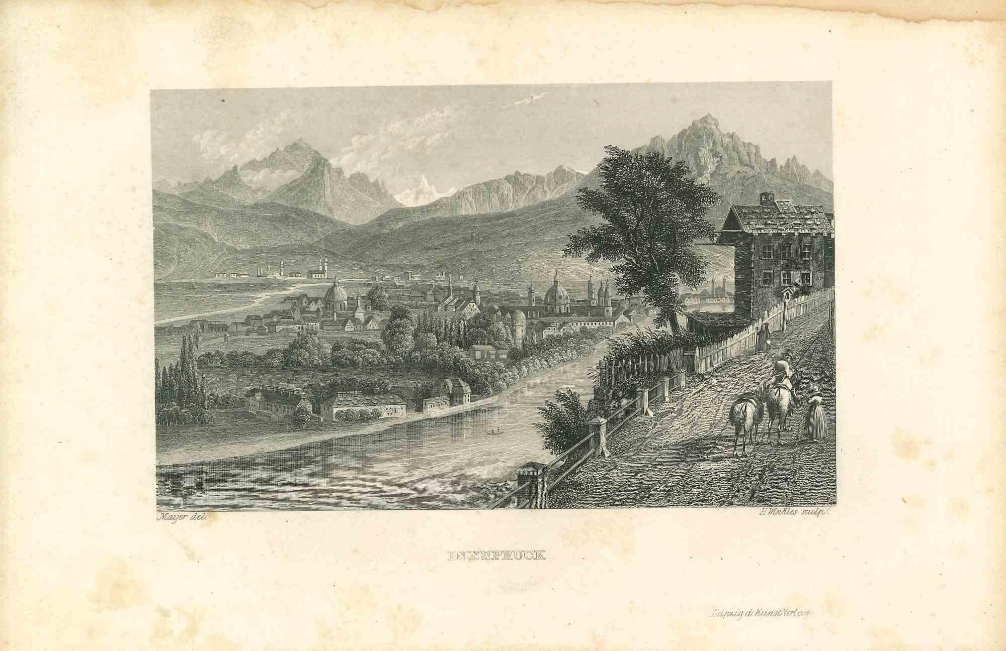 Unknown Figurative Print - Ancient View of Innsbruck - Original Lithograph - Mid-19th Century