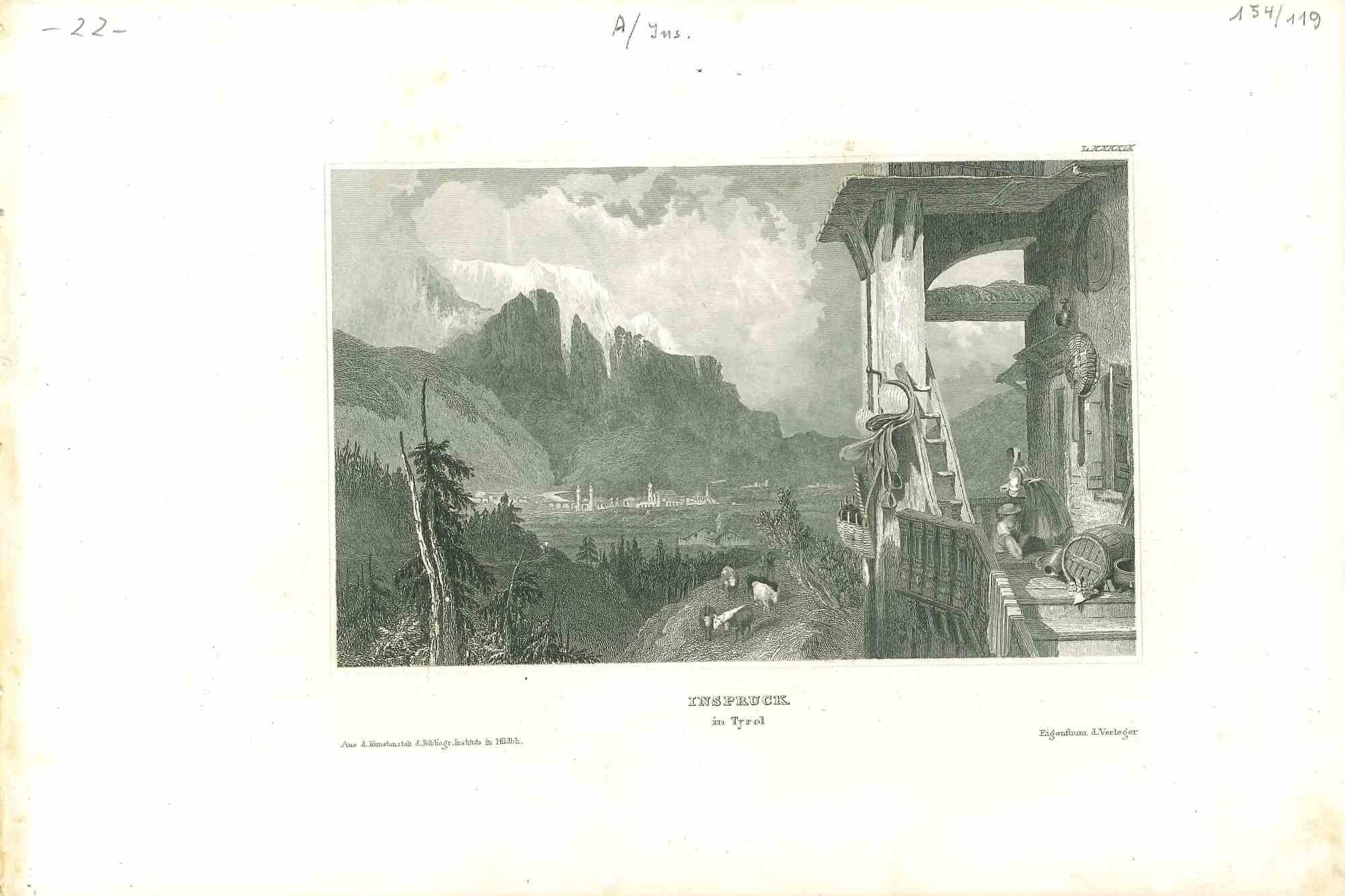 Ancient View of Innsbruck - Original Lithograph on Paper - Mid-19th Century