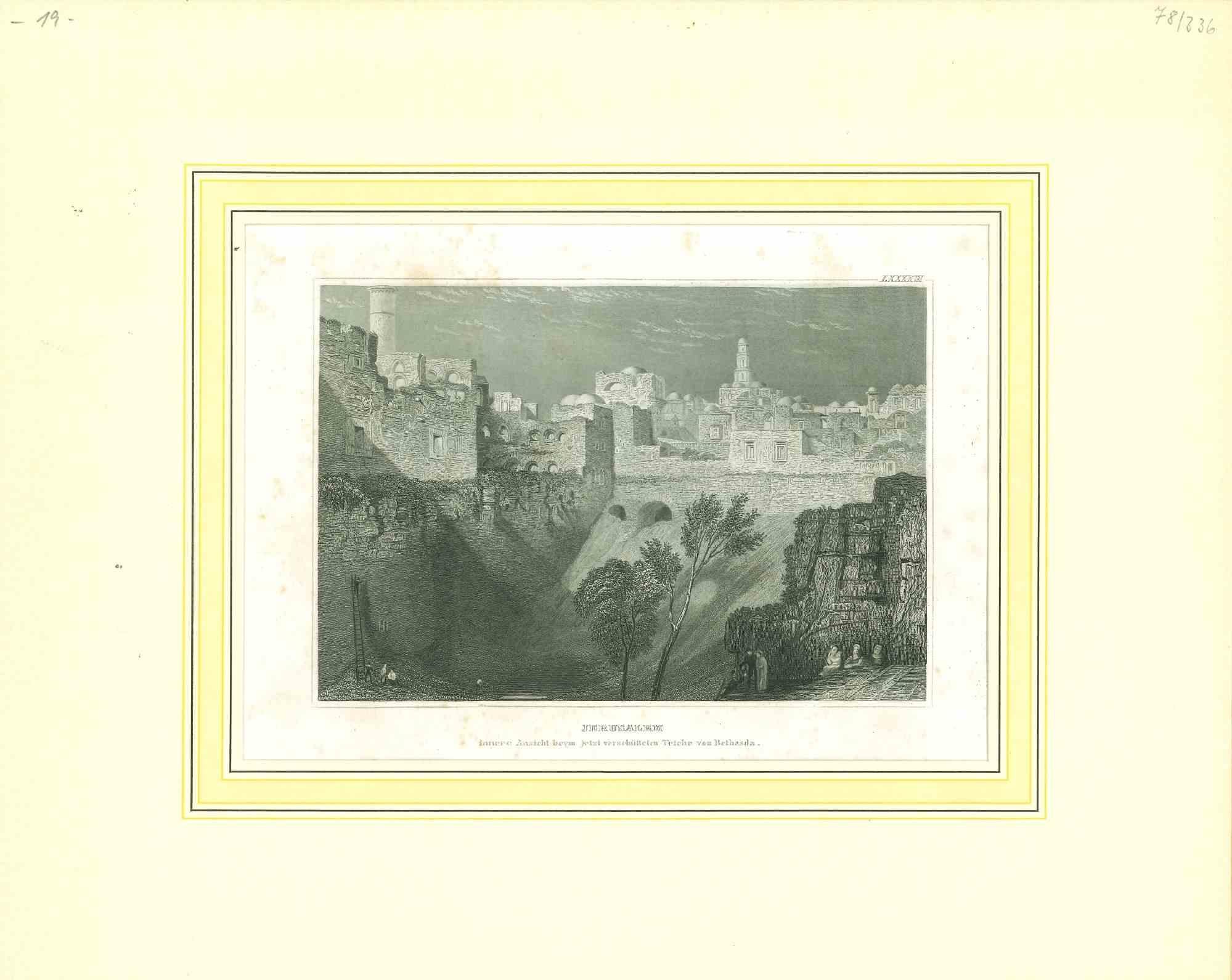 Unknown Landscape Print - Ancient View of Jerusalem - Original Lithograph - Half of the 19th Century