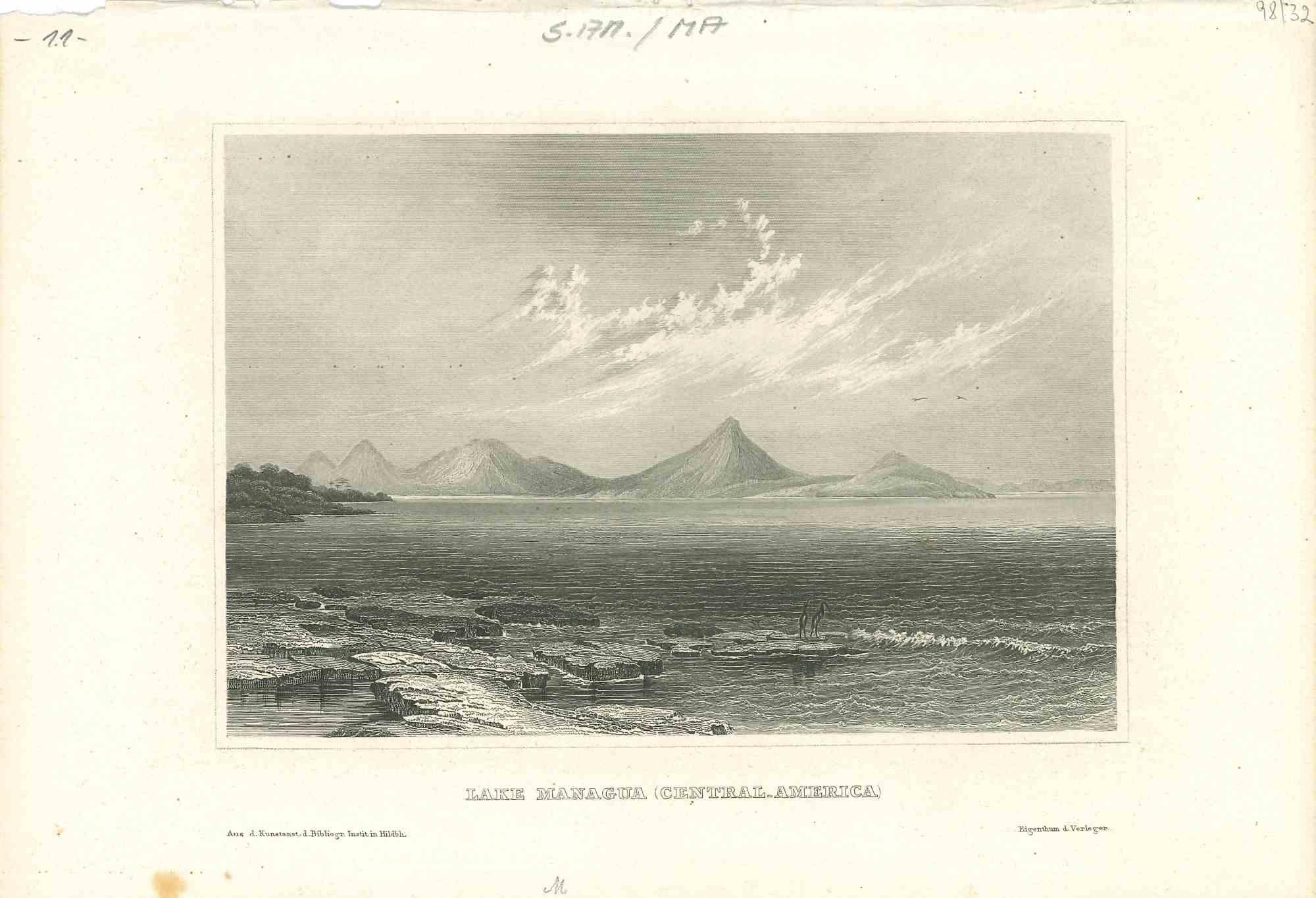 Ancienne vue du lac Managua - Lithographie originale - Début du 19ème siècle