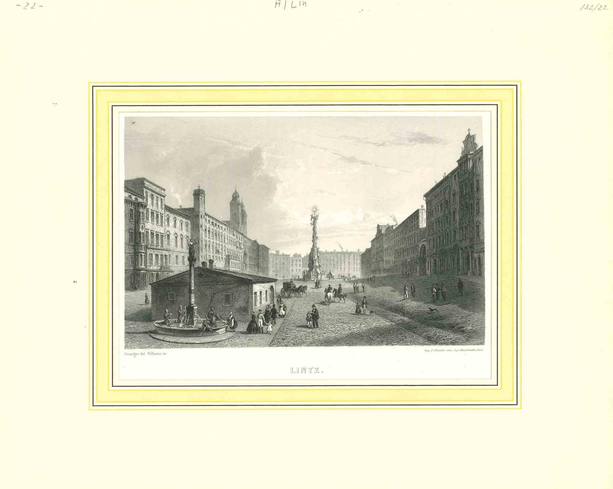 Ancienne vue de Lintz - Lithographie originale - Milieu du XIXe siècle