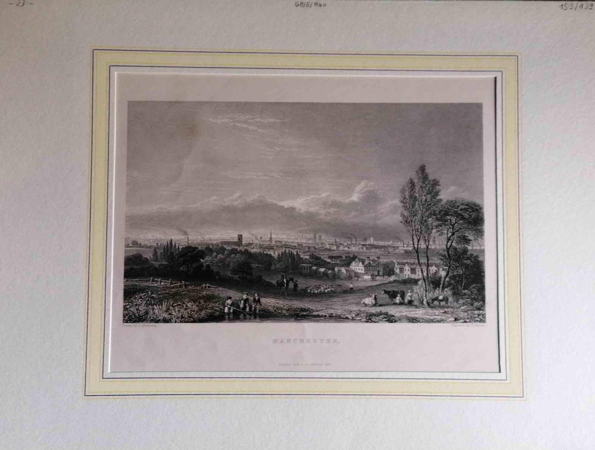 Unknown Figurative Print - Ancient View of Manchester - Original Lithograph - Mid-19th Century
