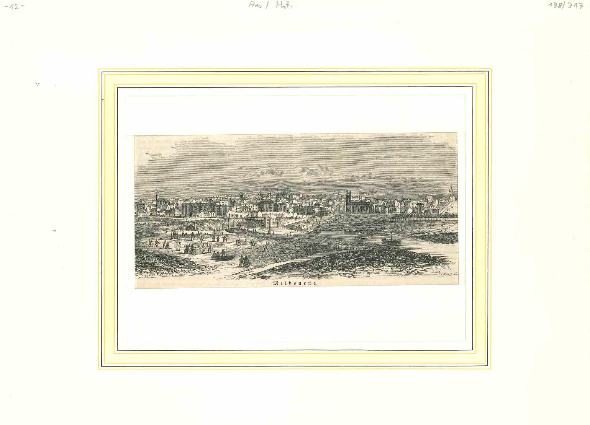 Unknown Figurative Print - Ancient View of Melbourne - Original Lithograph - Mid-19th Century