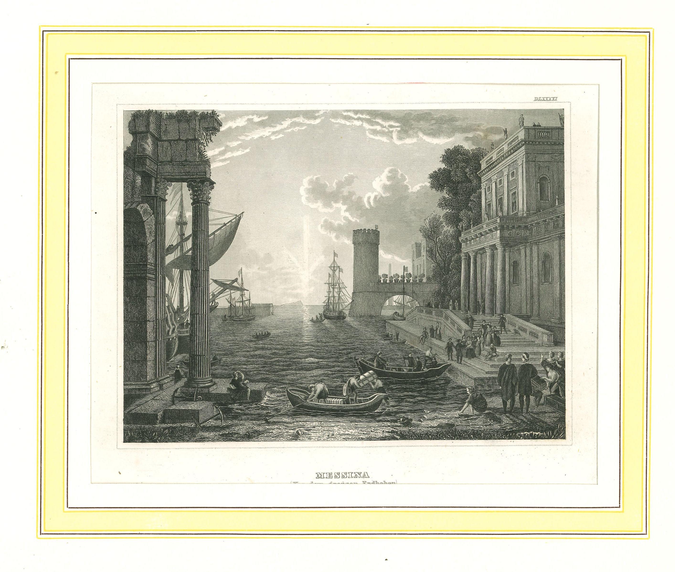 Landscape Print de Unknown - Antigua vista de Mesina - Litografía original sobre papel - Mediados del siglo XIX