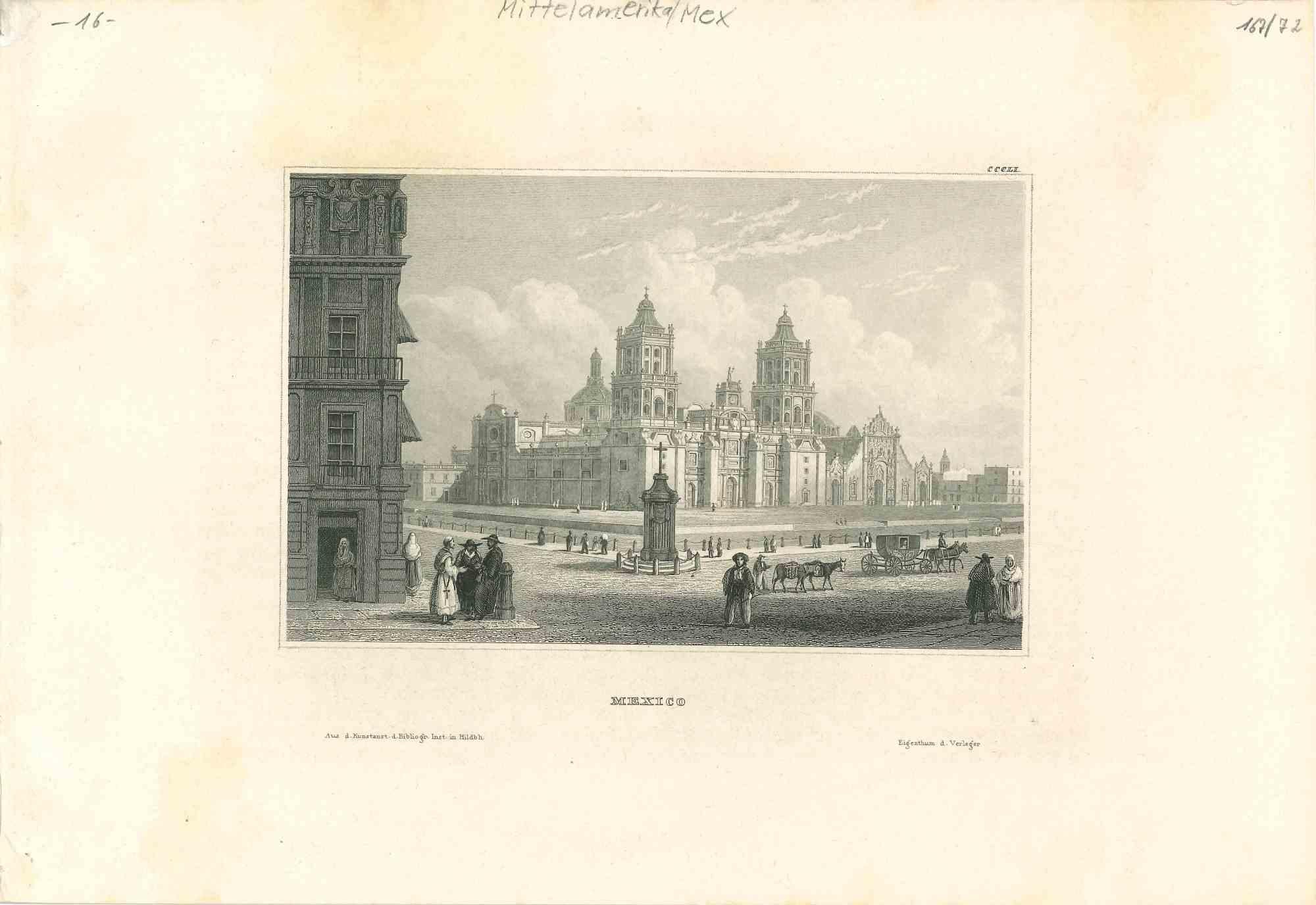 Unknown Figurative Print - Ancient View of Mexico City - Original Lithograph - Early 19th Century